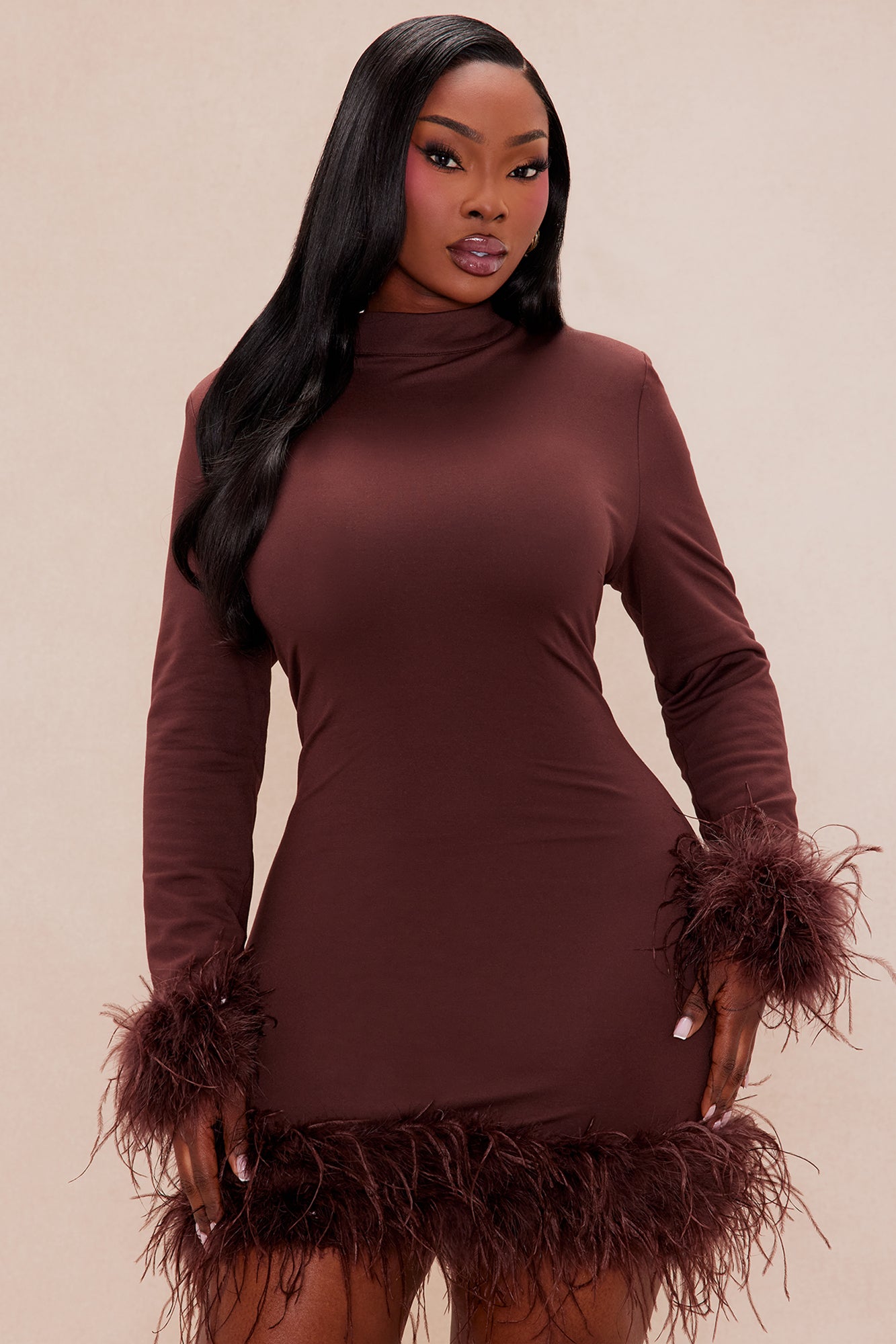 Cora Feathered Turtle Neck Mini Dress - Chocolate 