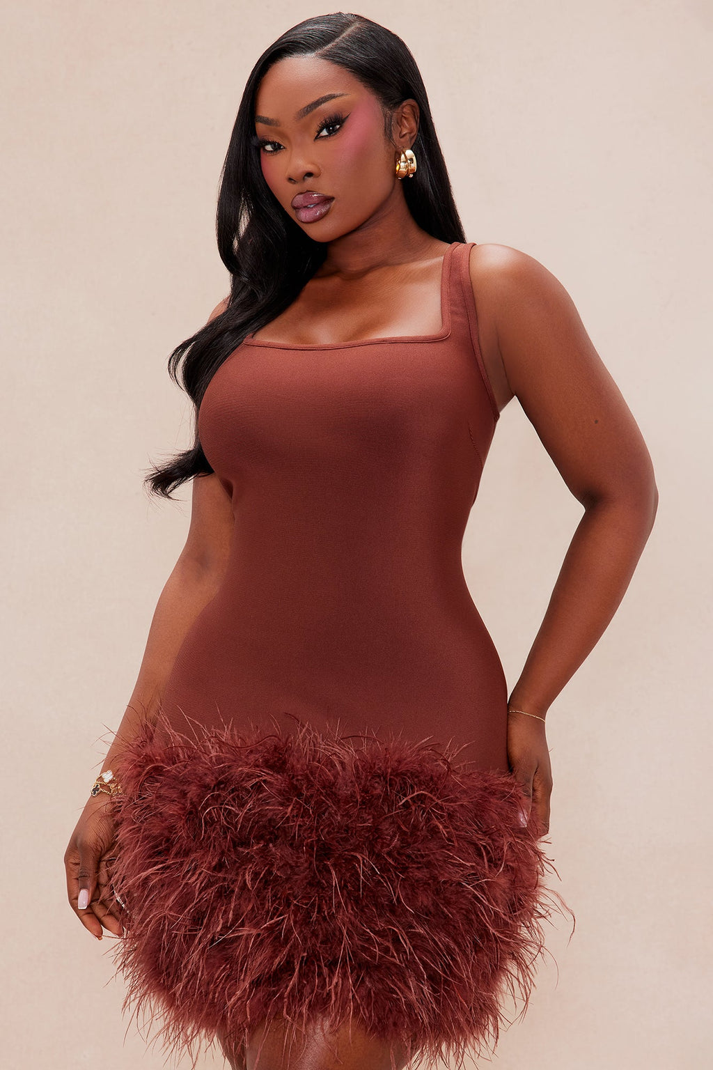 Remember Me Fur Trim Bandage Mini Dress - Brown 