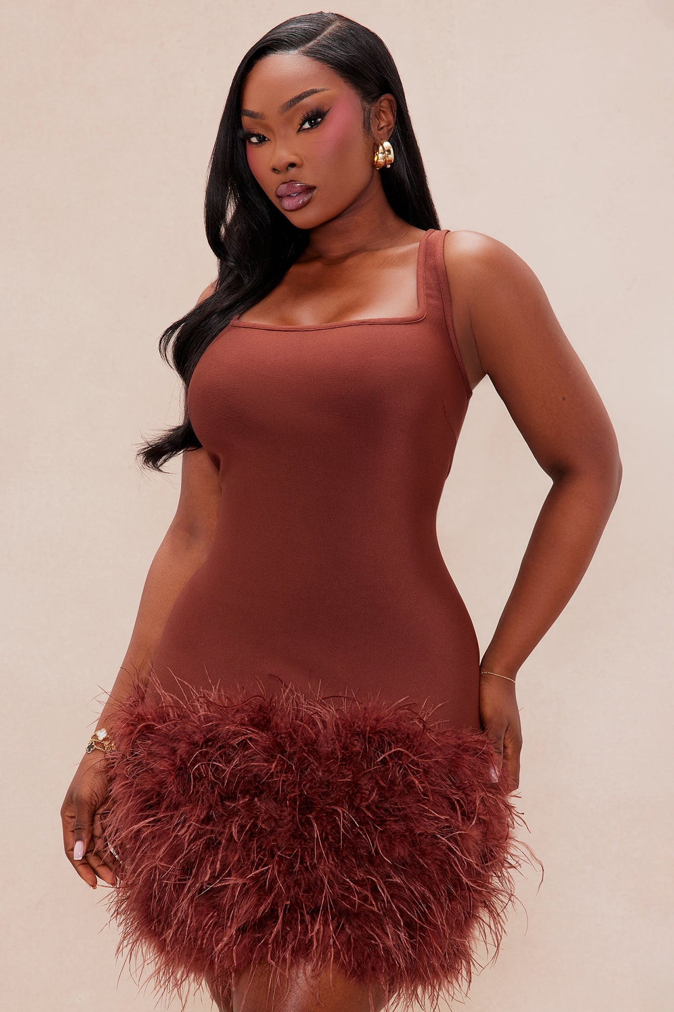 Remember Me Fur Trim Bandage Mini Dress - Brown 