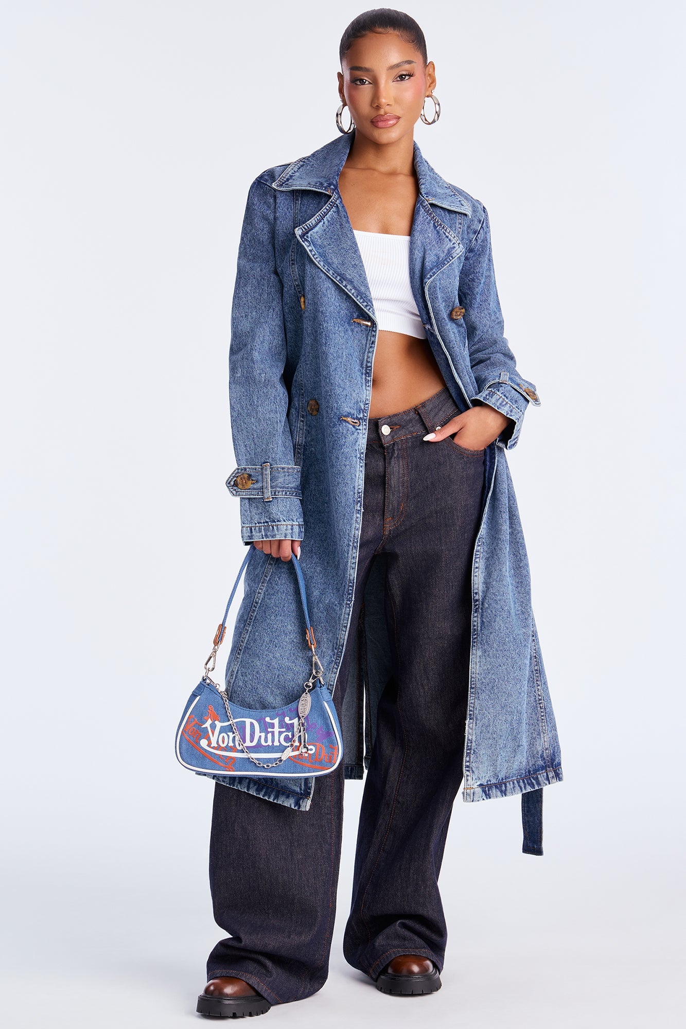 Washed And Worn Denim Von Dutch Shoulder Bag - Denim 