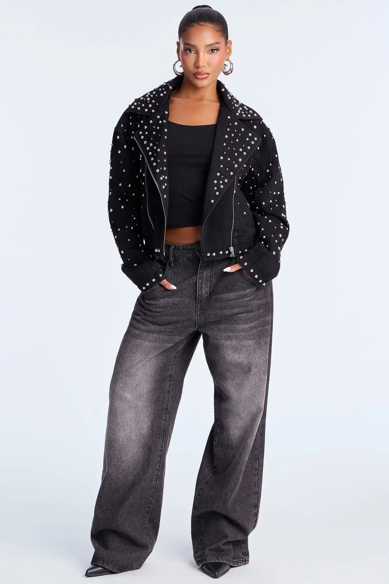 Backstage Studded Denim Moto Jacket - Black 