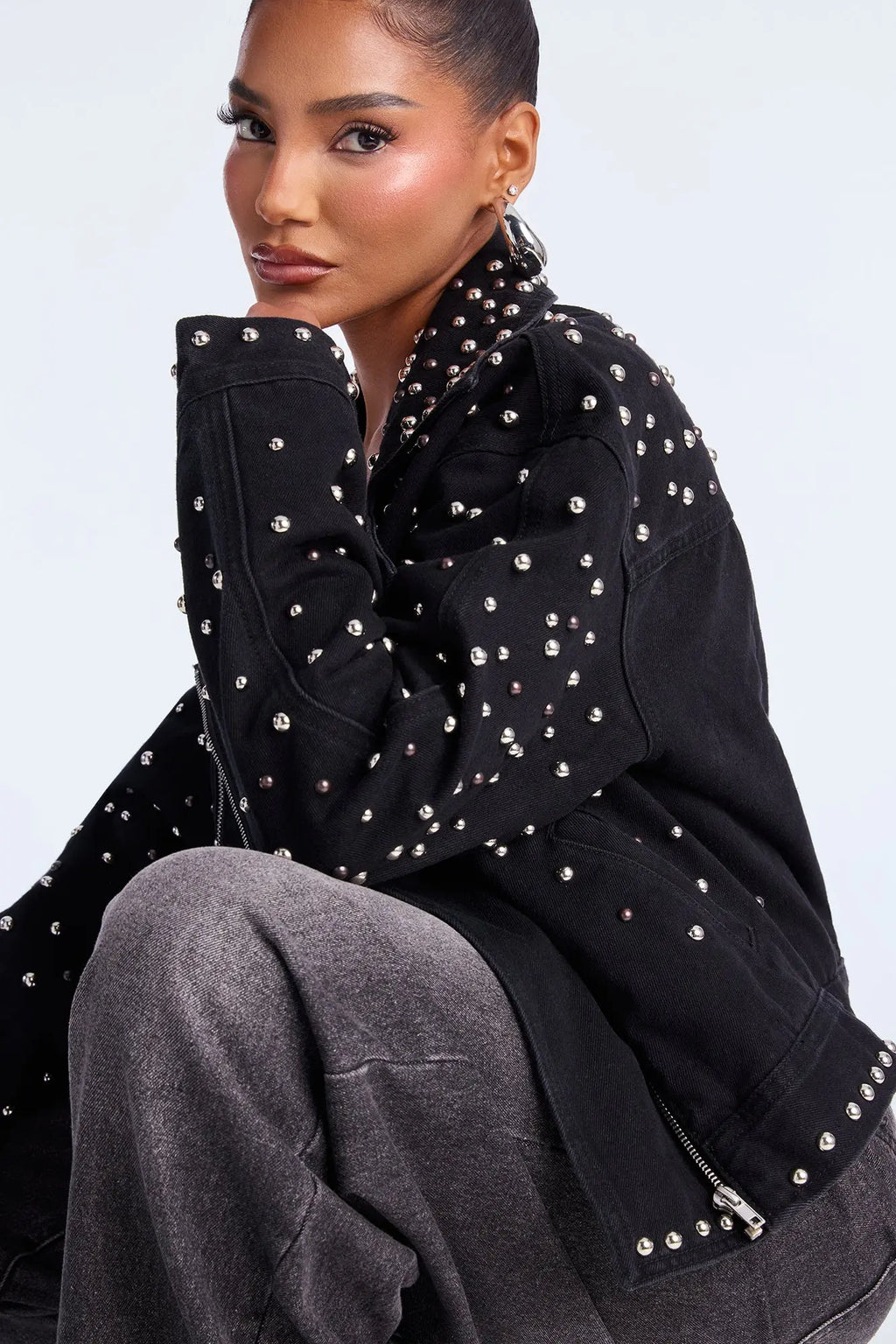Backstage Studded Denim Moto Jacket - Black 