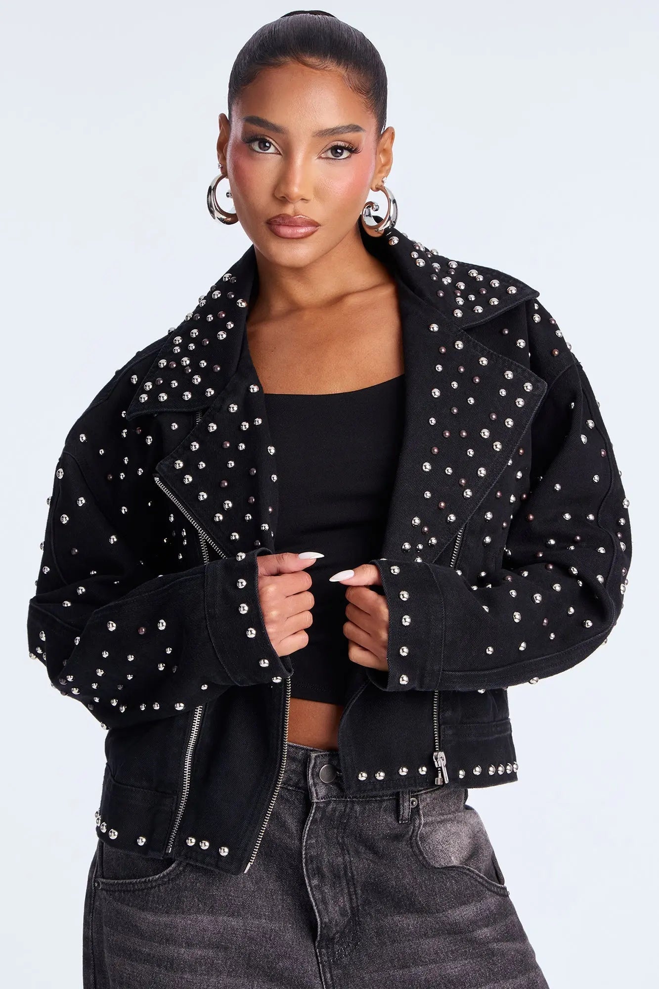 Backstage Studded Denim Moto Jacket - Black 