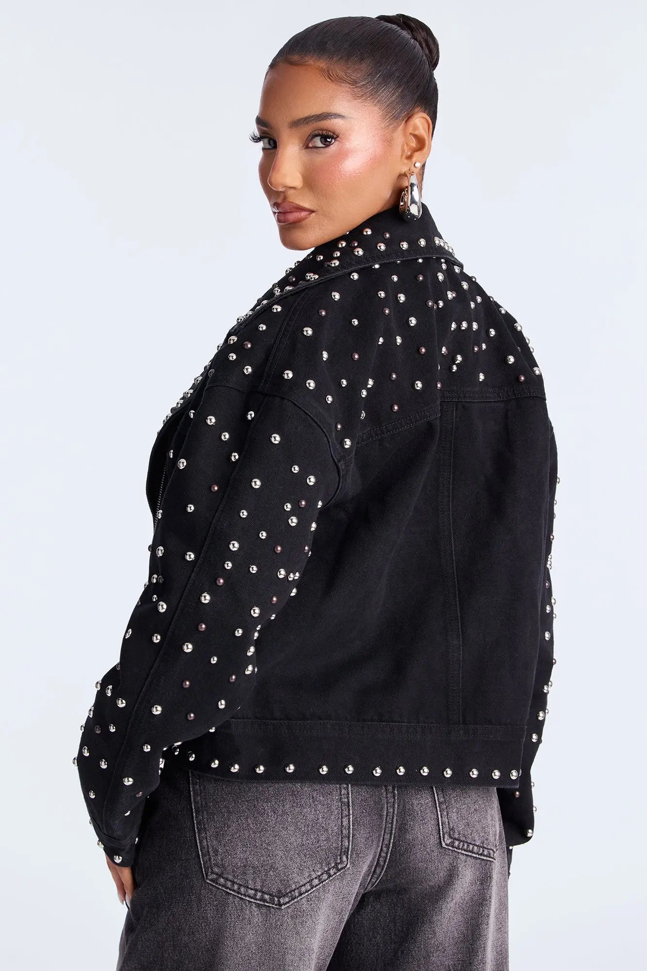 Backstage Studded Denim Moto Jacket - Black 