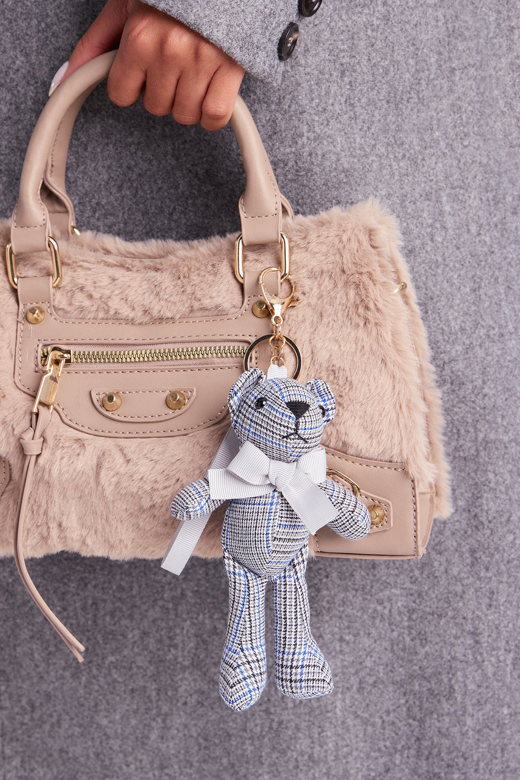 Plaid Teddy Handbag Charm - Grey/combo