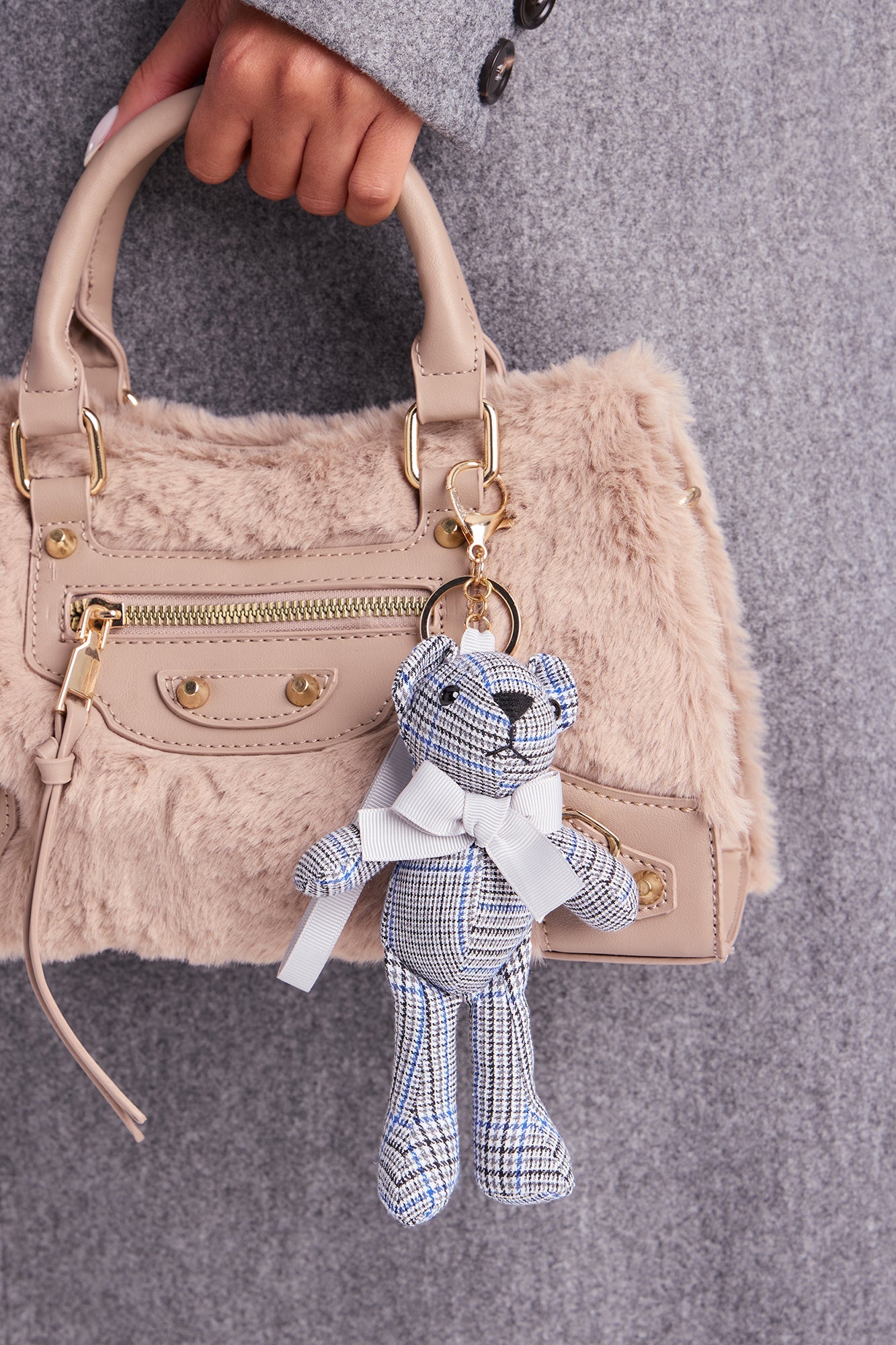 Plaid Teddy Handbag Charm - Grey/combo
