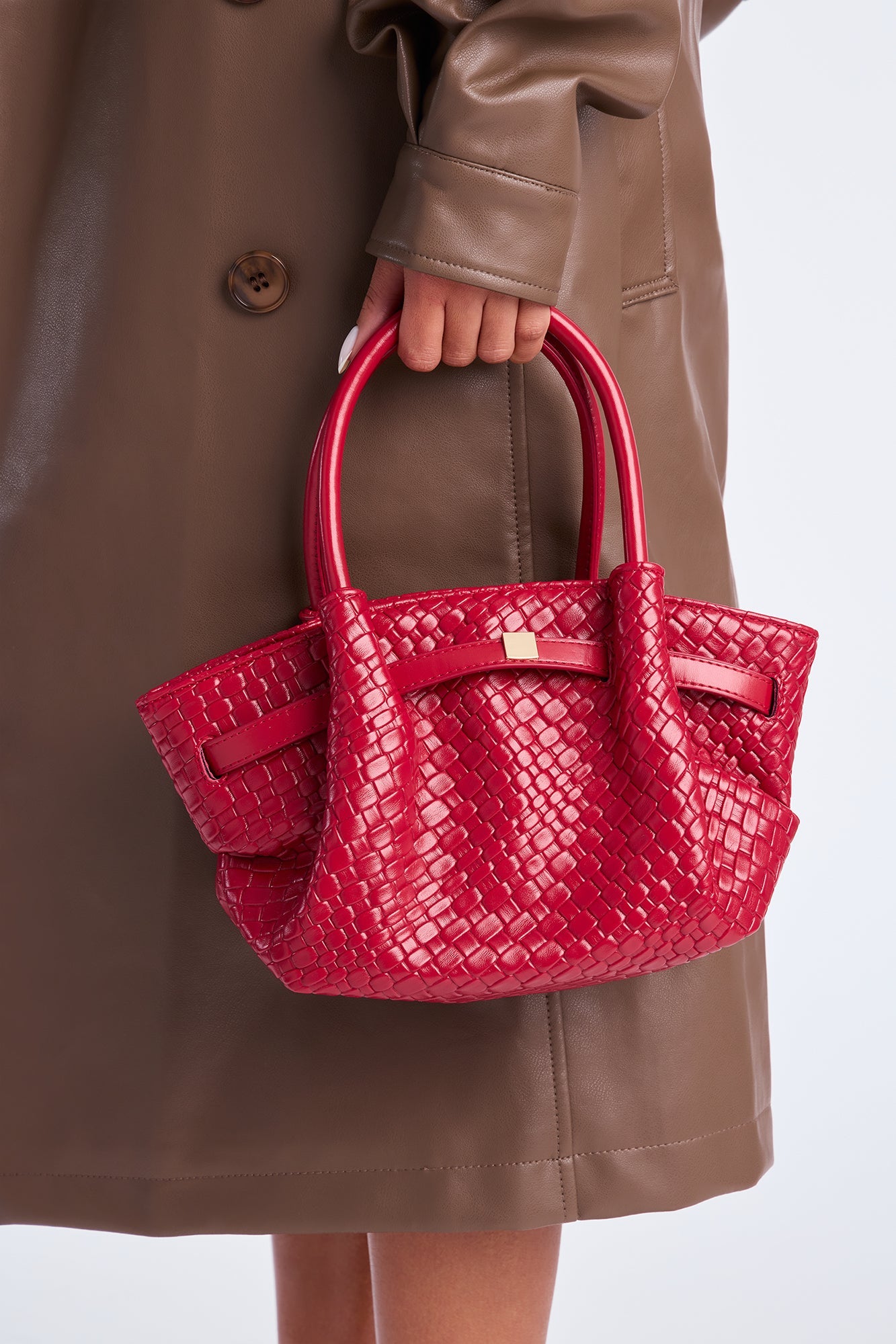 In The Moment Woven Faux Leather Satchel Handbag - Burgundy 