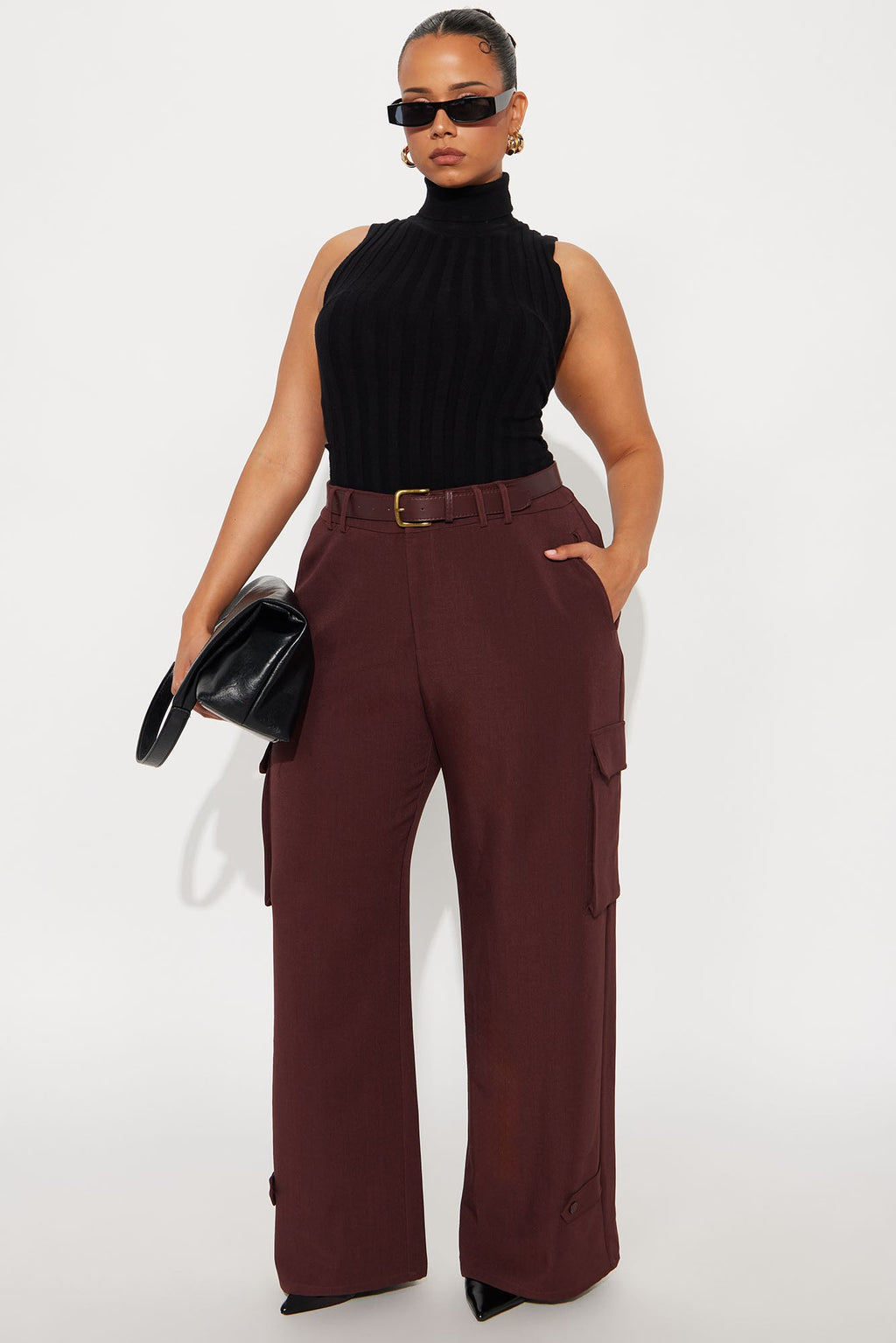 Trending Topic Wide Leg Belted Cargo Pant 32″ - Plum