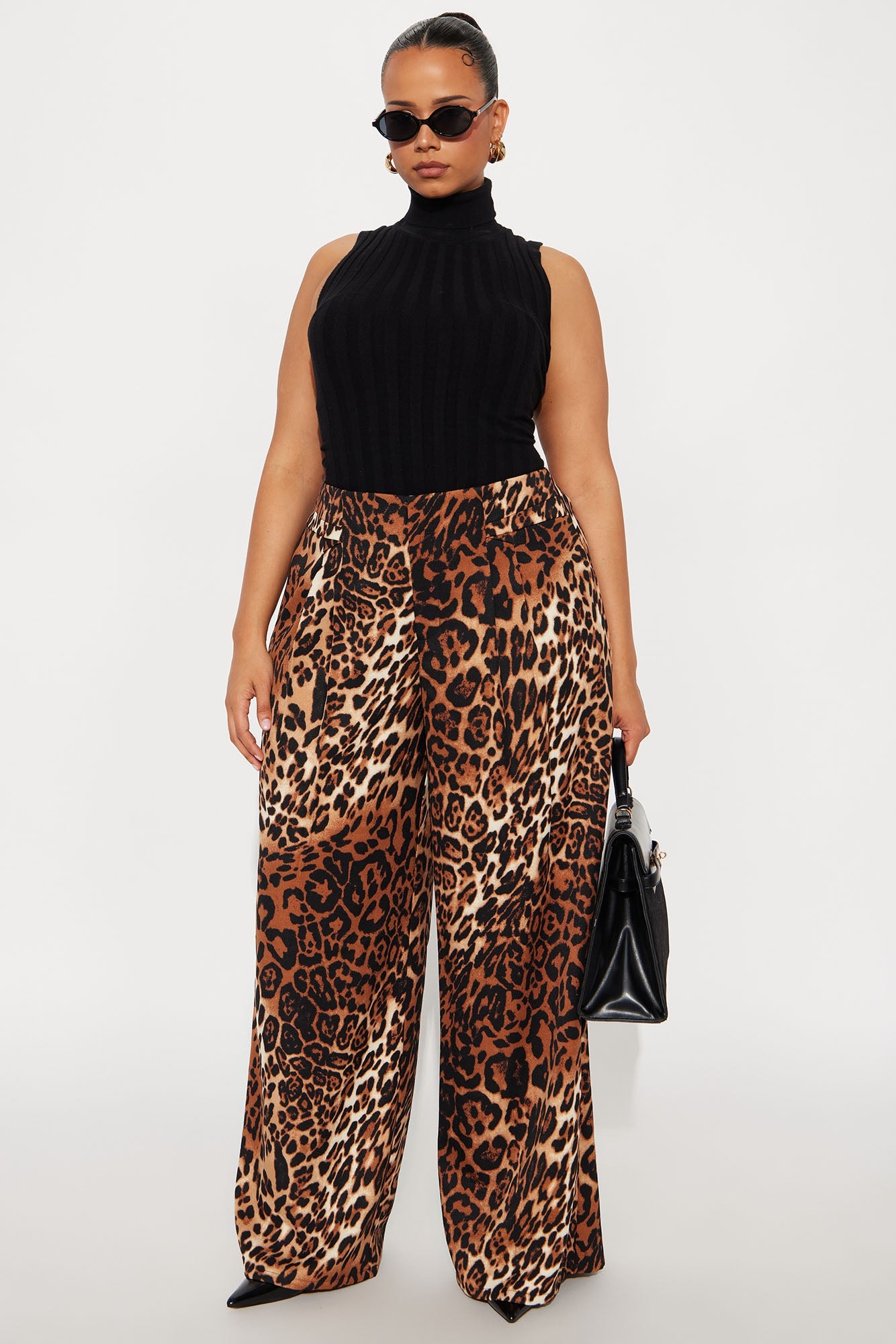 Level You Up Leopard Wide Leg Twill Pant 32″ - Leopard 