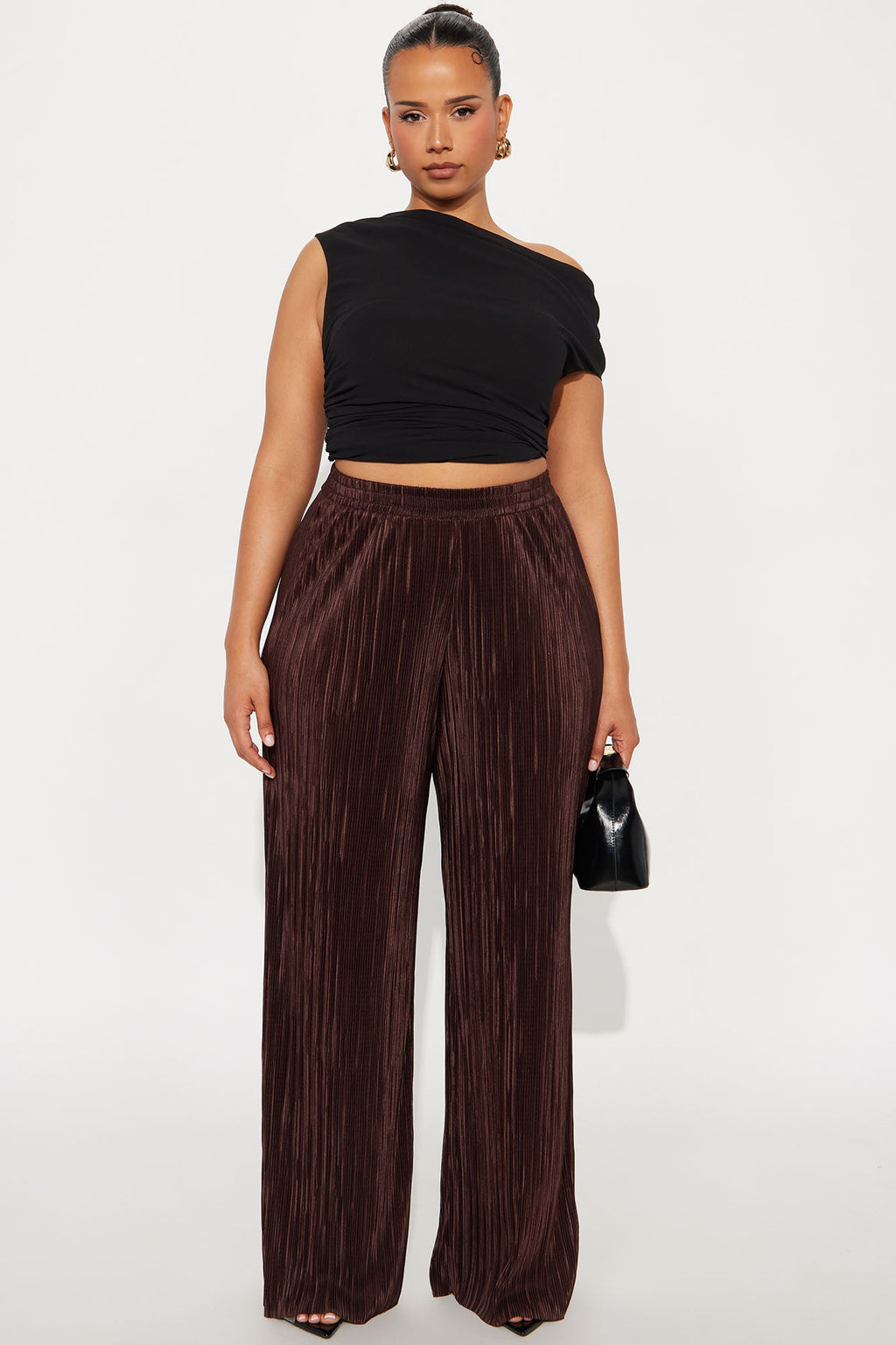 No Small Talk Wide Leg Plisse Pant 32″ - Chocolate 