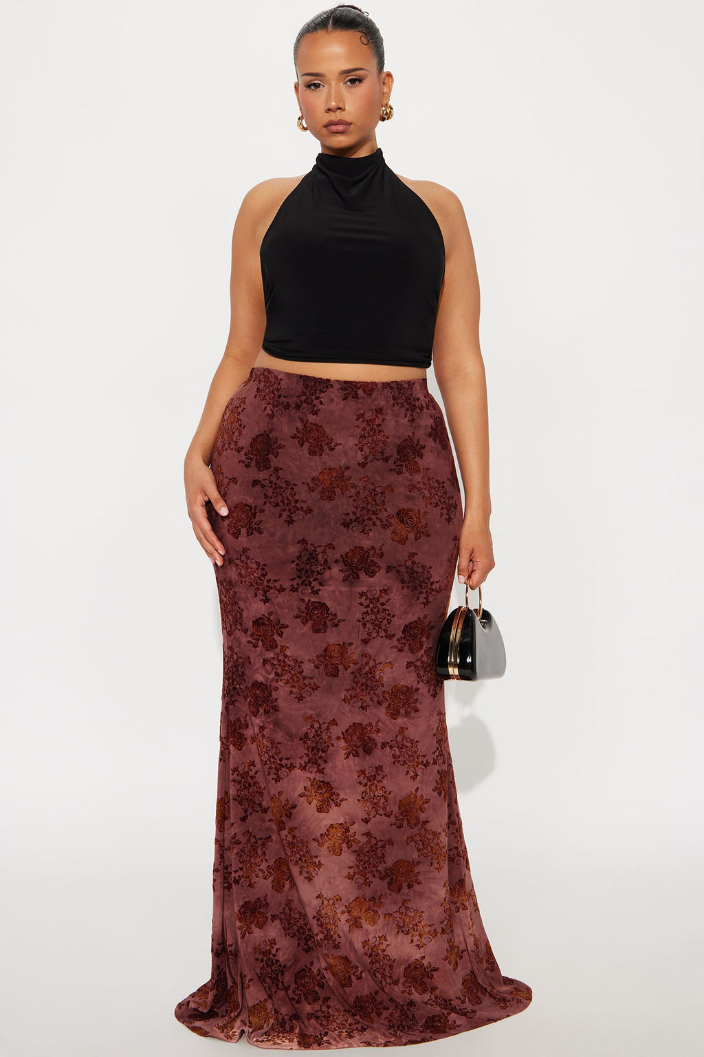 Winter Romance Flocked Velvet Floral Maxi Skirt - Burgundy