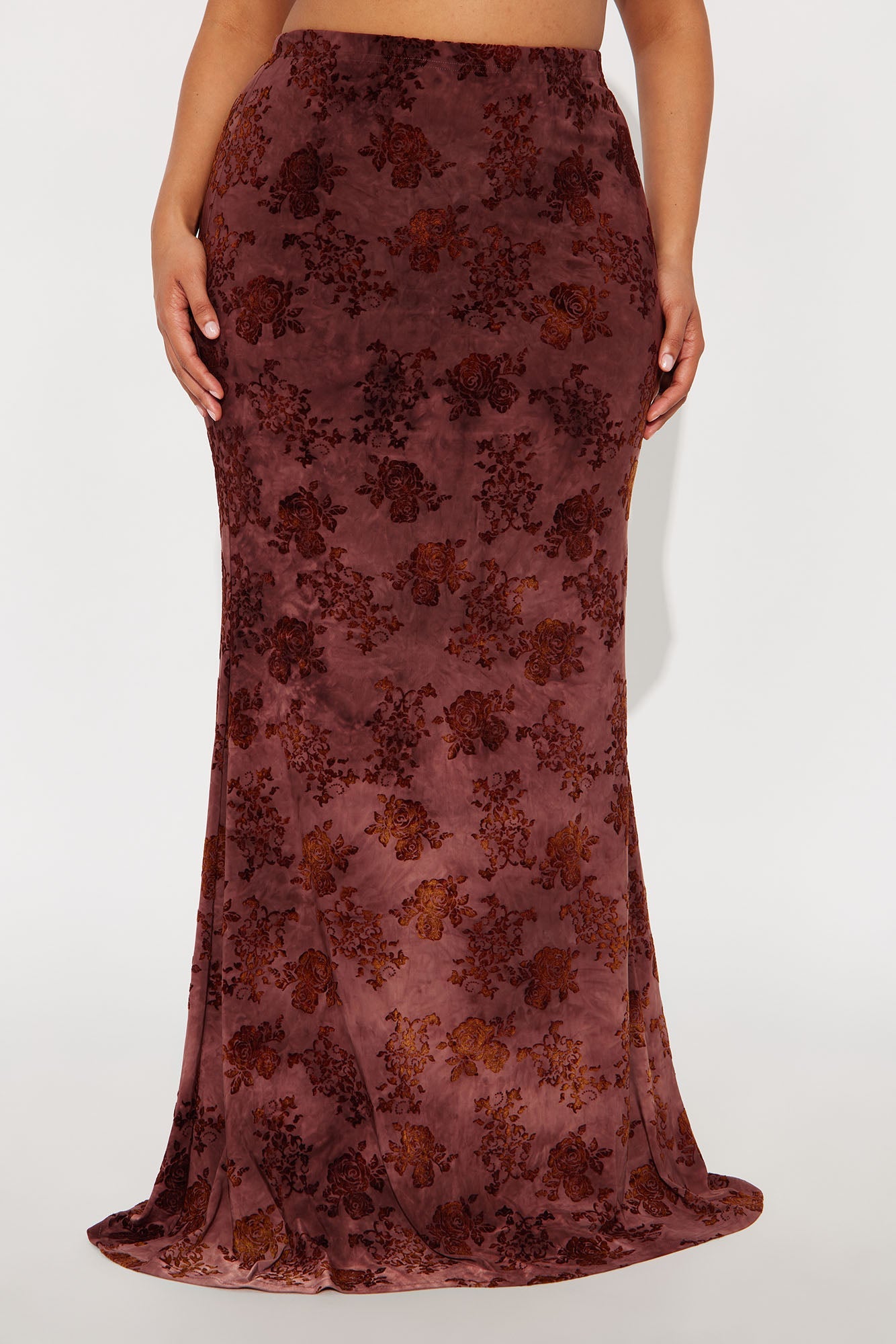 Winter Romance Flocked Velvet Floral Maxi Skirt - Burgundy