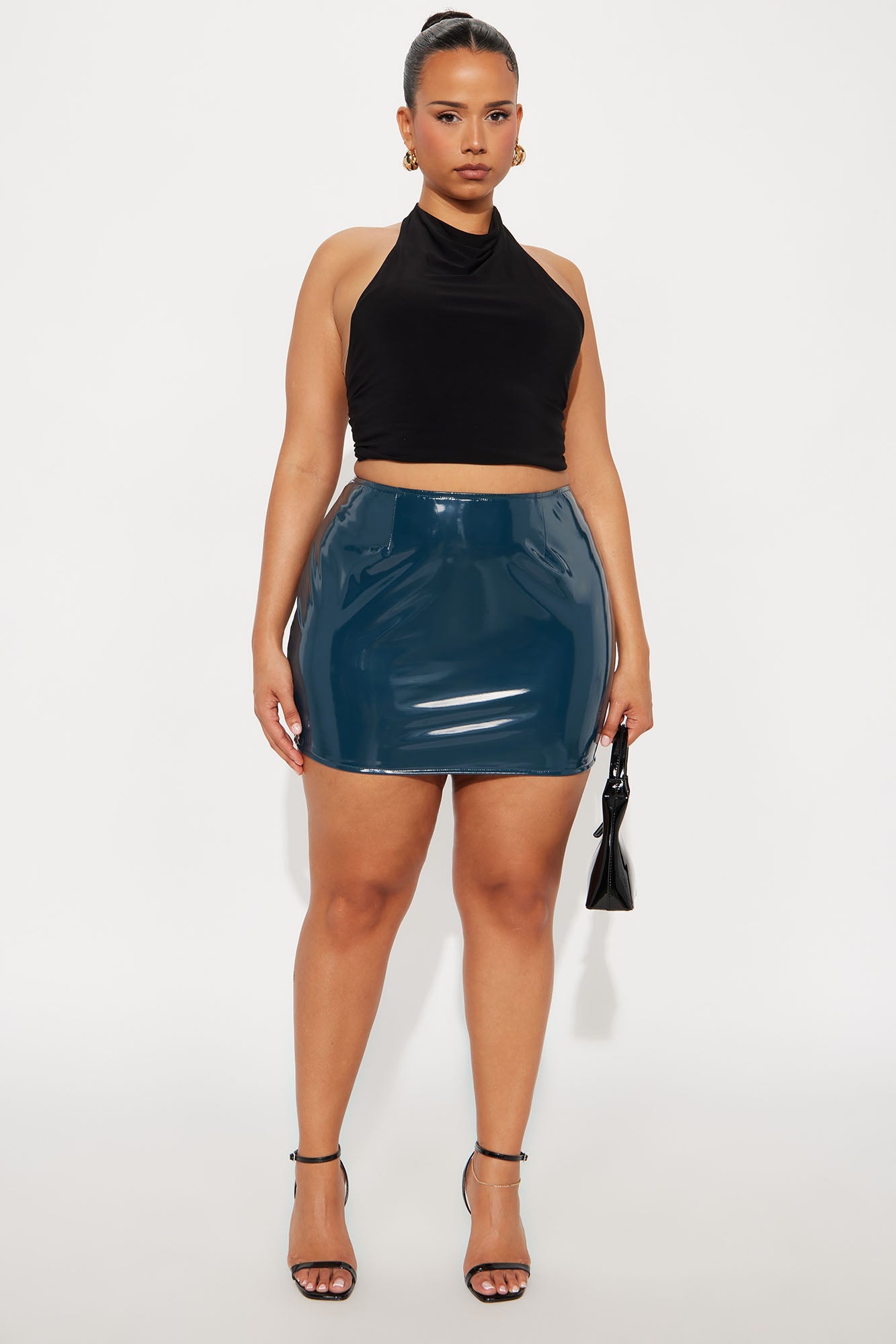 Charged Up Faux Patent Leather Mini Skirt - Teal