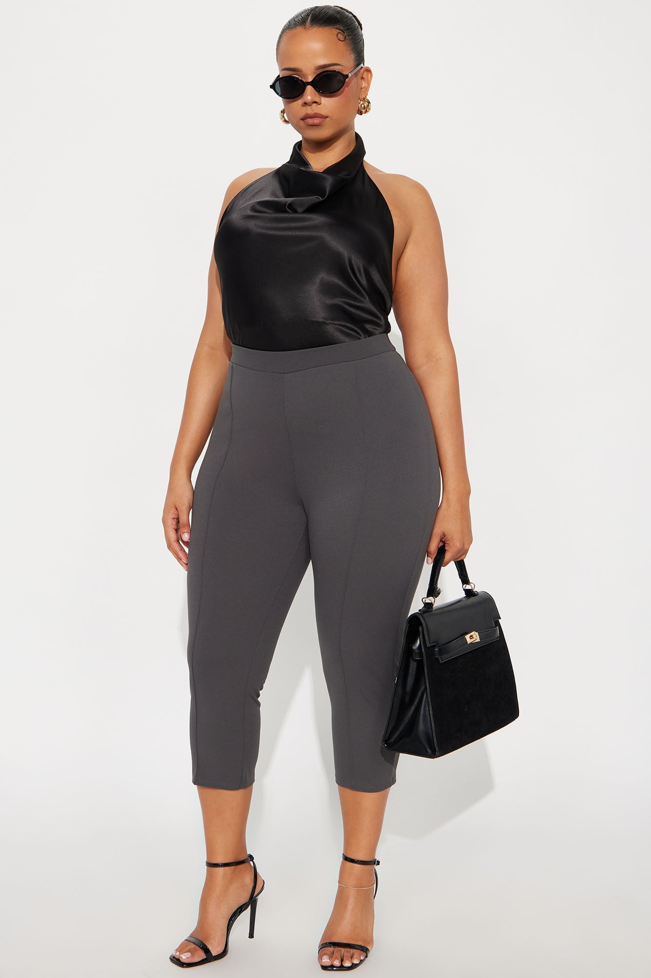 Brenda Mid Rise Knit Crepe Pintuck Capri Legging 21″ - Charcoal