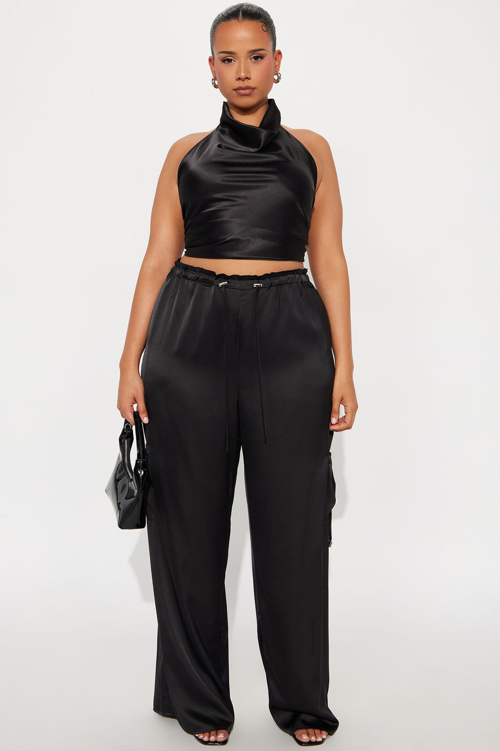 Brielle Satin Wide Leg Cargo Pant 33″ - Black 