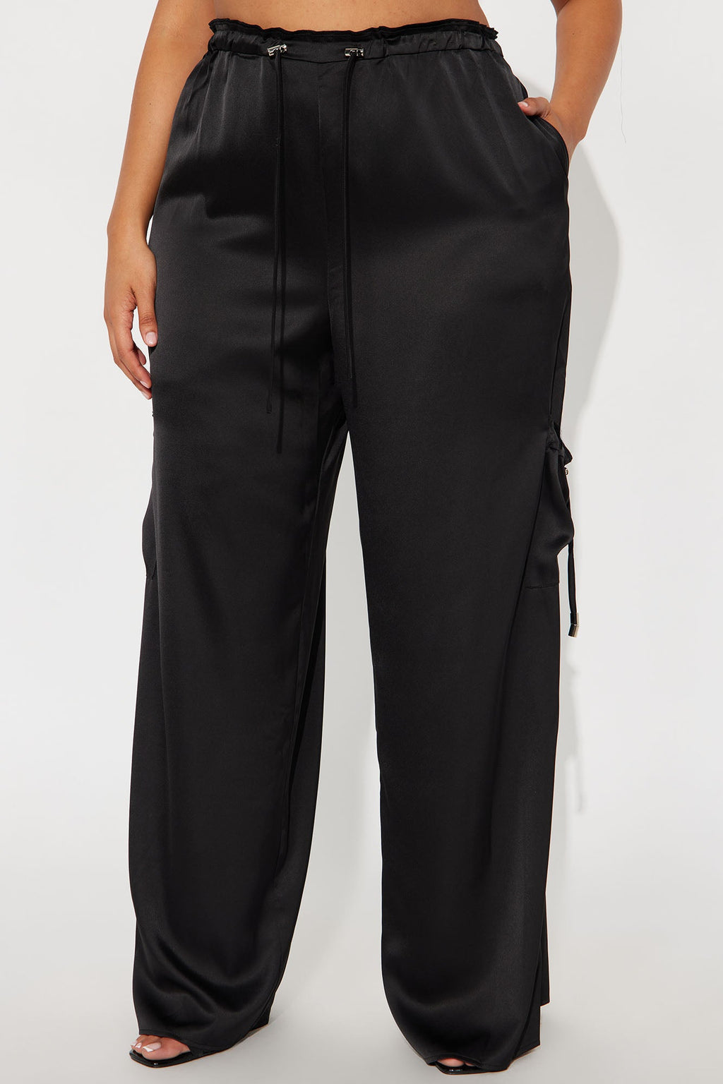 Brielle Satin Wide Leg Cargo Pant 33″ - Black 