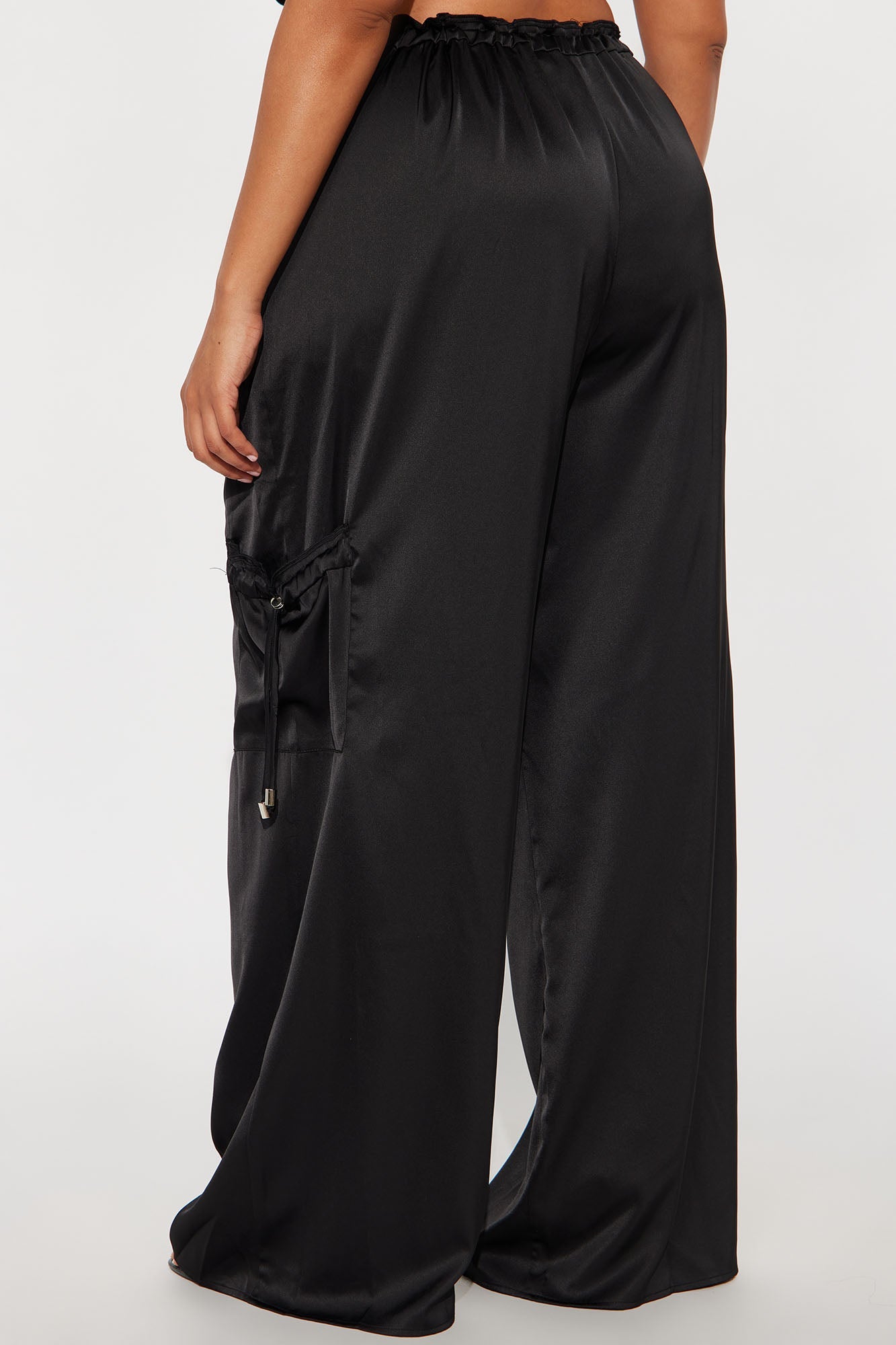 Brielle Satin Wide Leg Cargo Pant 33″ - Black 