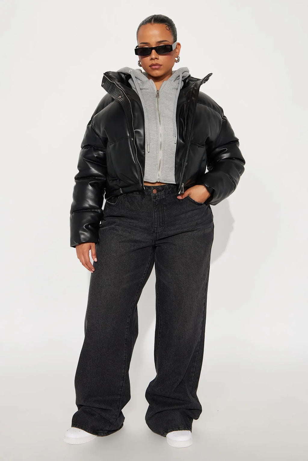 Blake Layered Faux Leather Puffer Jacket - Black/combo 