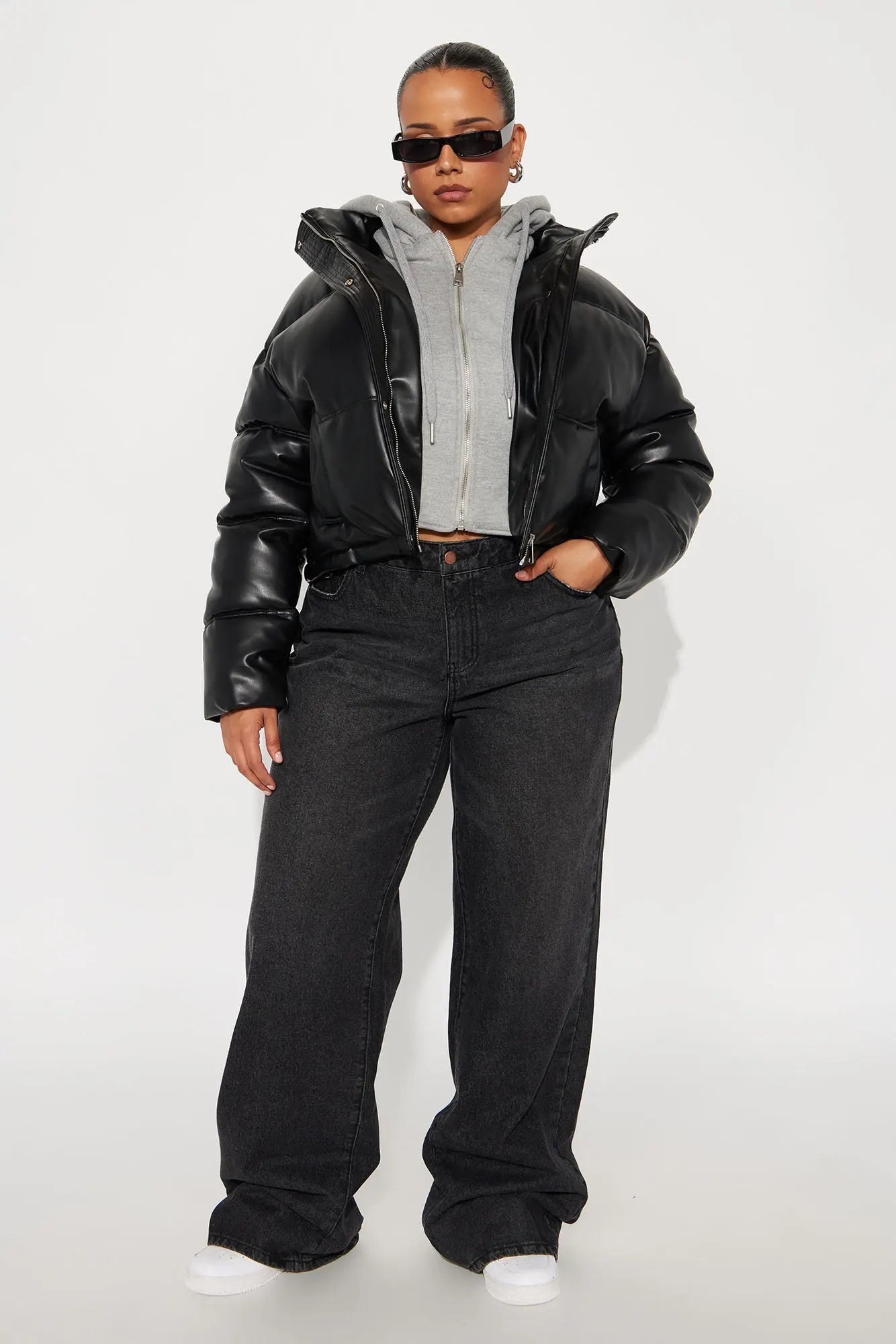 Blake Layered Faux Leather Puffer Jacket - Black/combo 