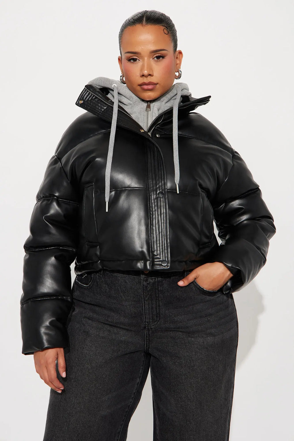 Blake Layered Faux Leather Puffer Jacket - Black/combo 