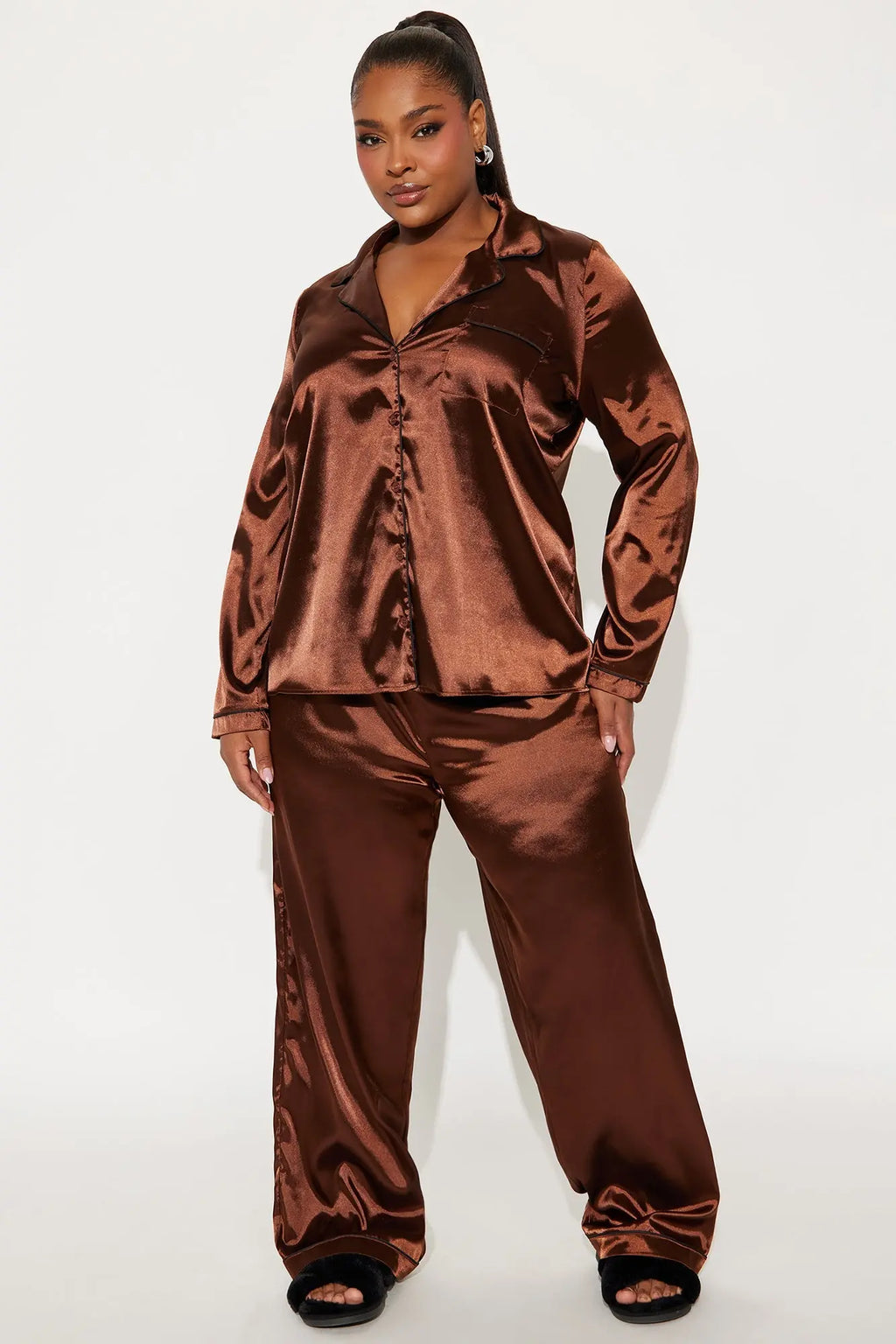 Bedtime Stretch Satin Long Sleeve PJ Pant Set - Chocolate 