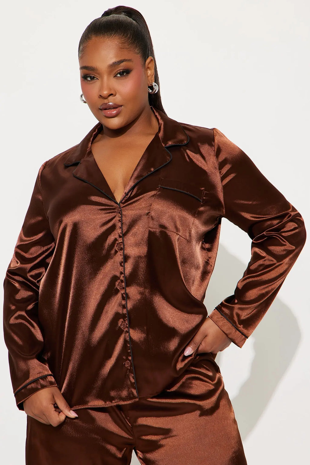 Bedtime Stretch Satin Long Sleeve PJ Pant Set - Chocolate 