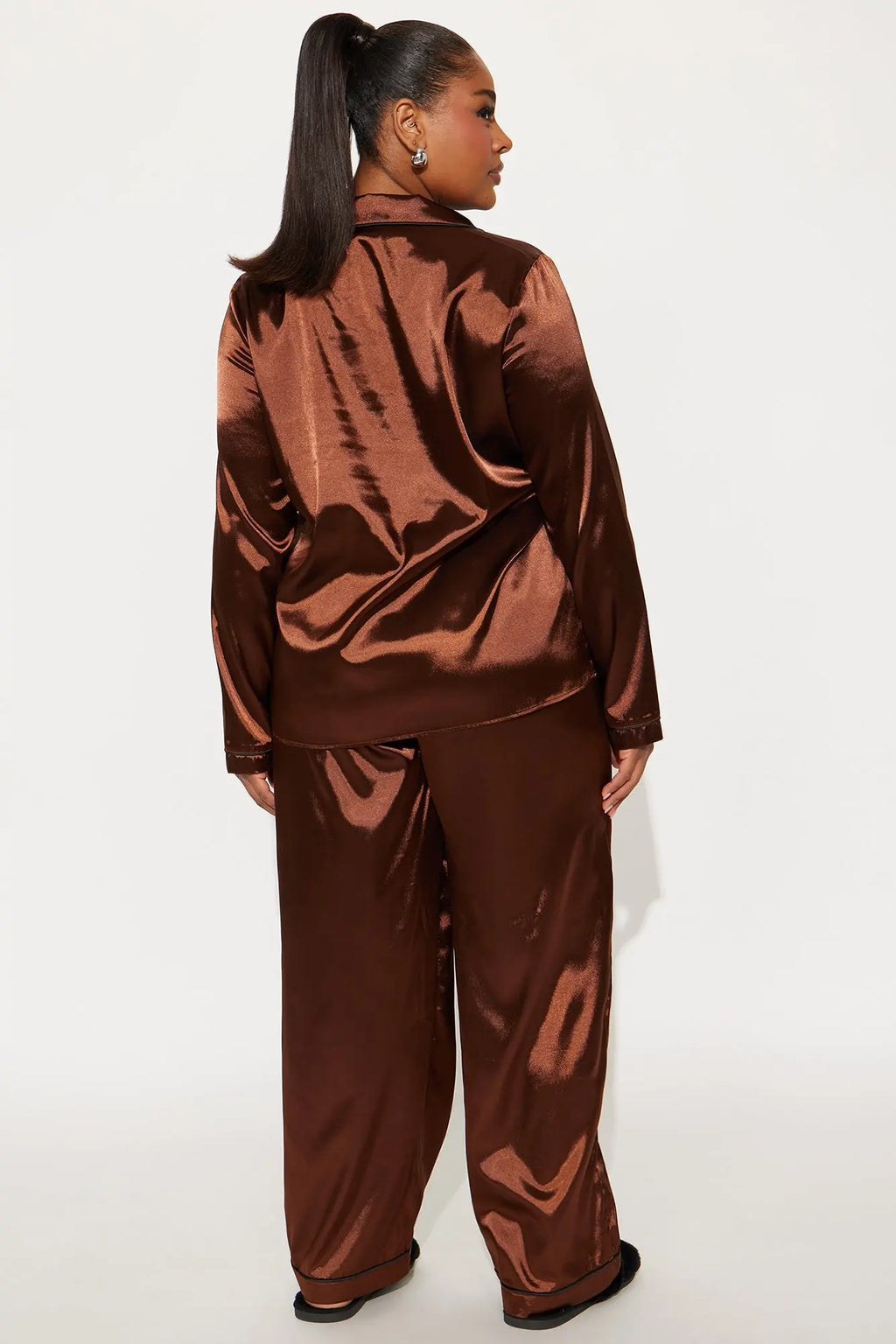 Bedtime Stretch Satin Long Sleeve PJ Pant Set - Chocolate 
