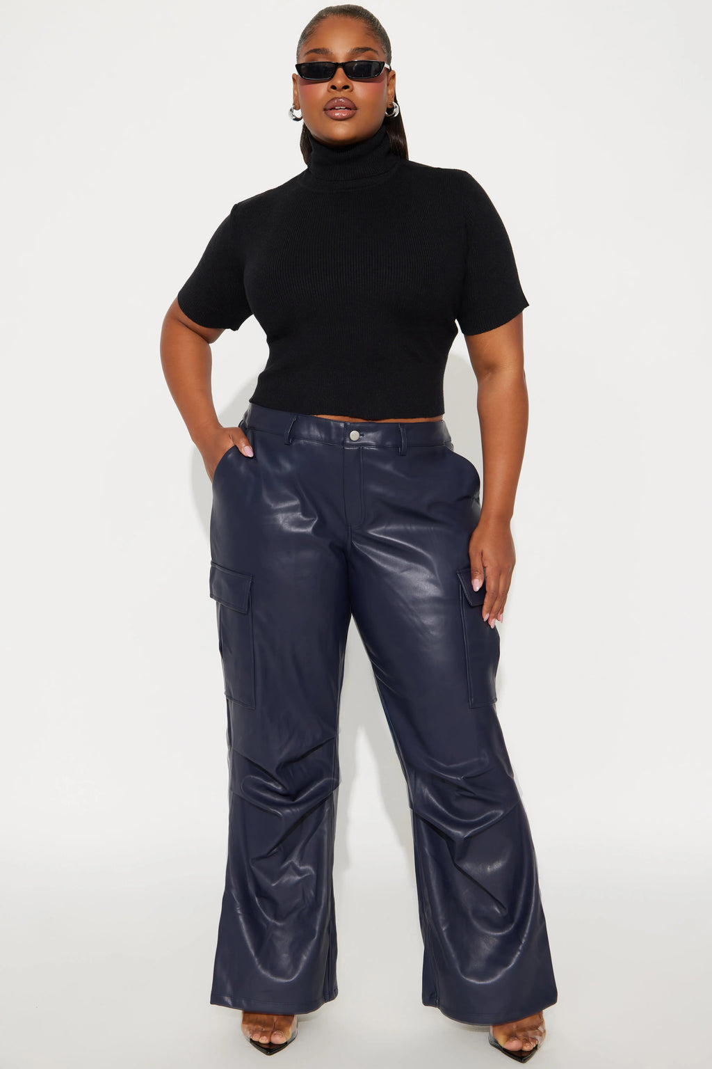 Skylar Faux Leather Wide Leg Pant 33 - Navy 
