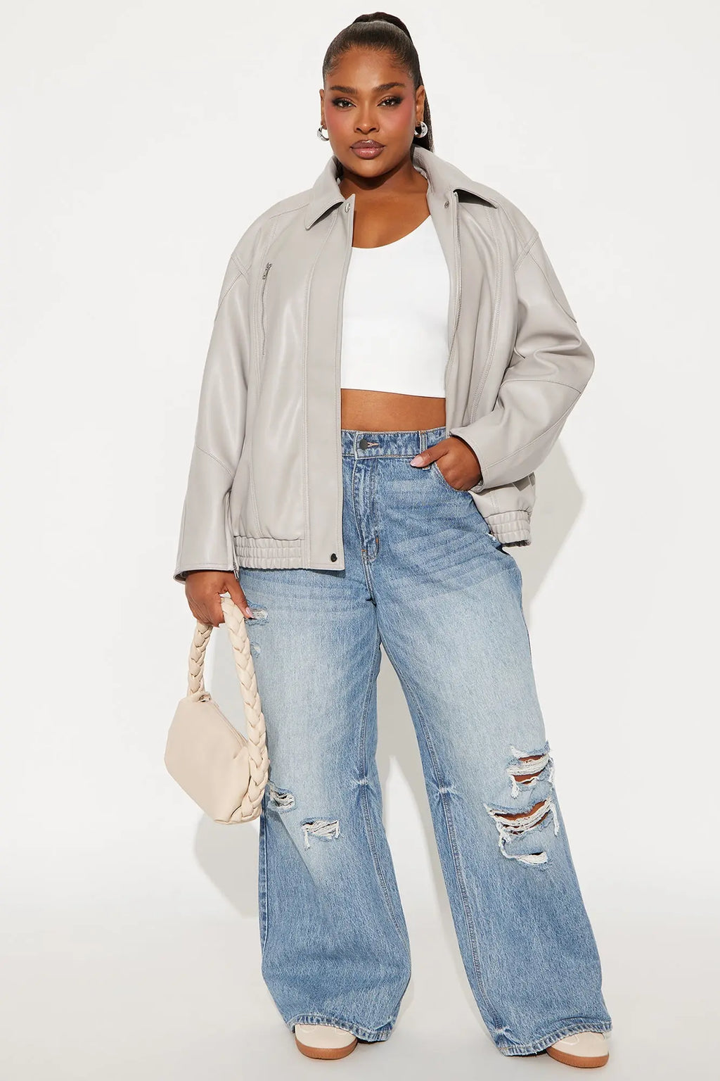 More To Come Faux Leather Bomber Jacket - Light Grey 