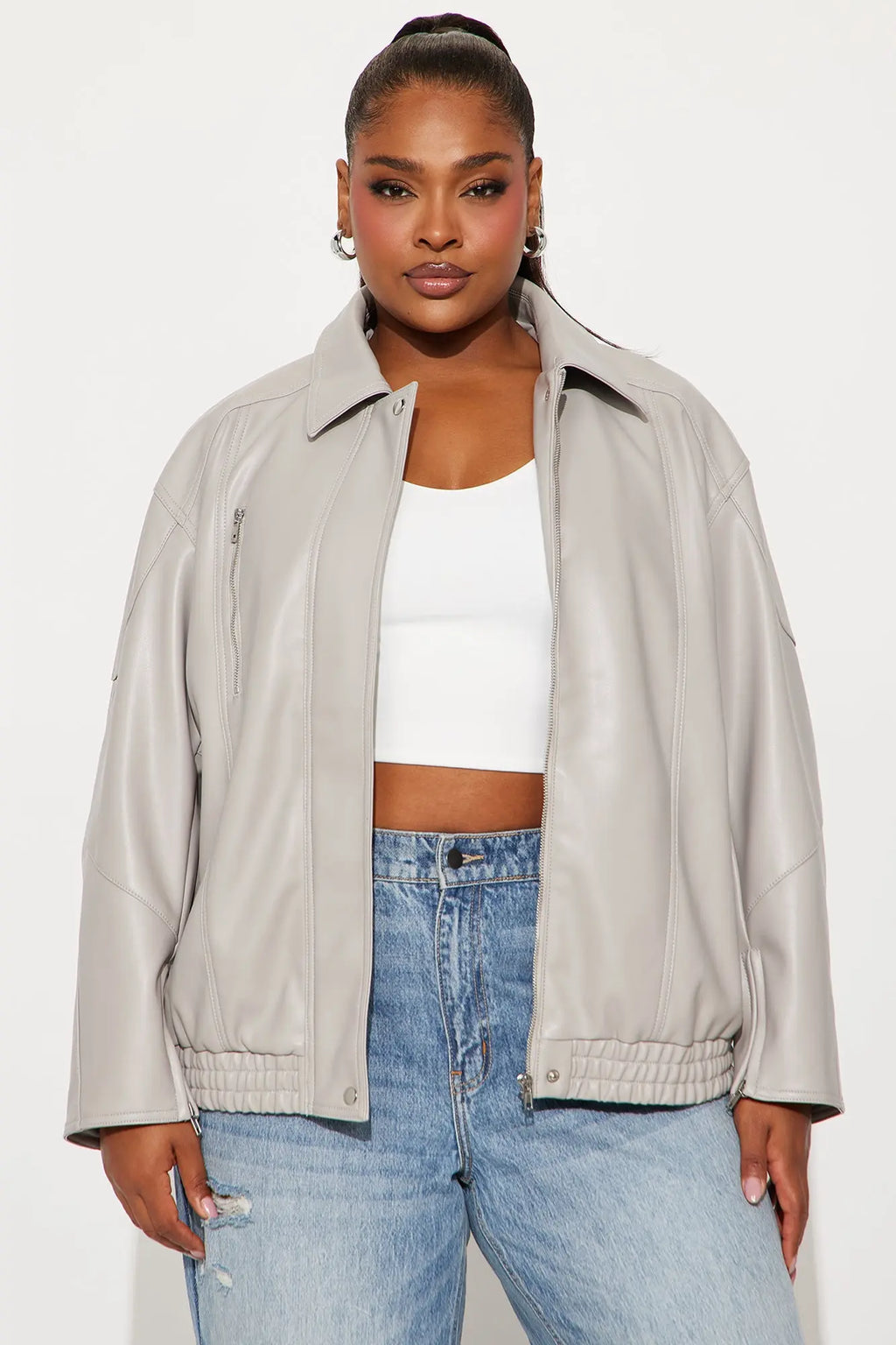 More To Come Faux Leather Bomber Jacket - Light Grey 