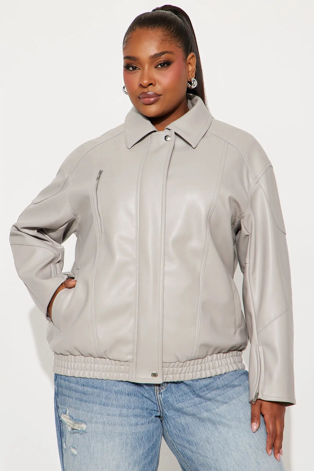 More To Come Faux Leather Bomber Jacket - Light Grey 