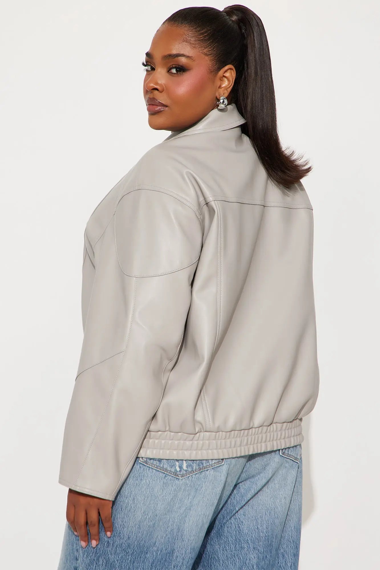 More To Come Faux Leather Bomber Jacket - Light Grey 