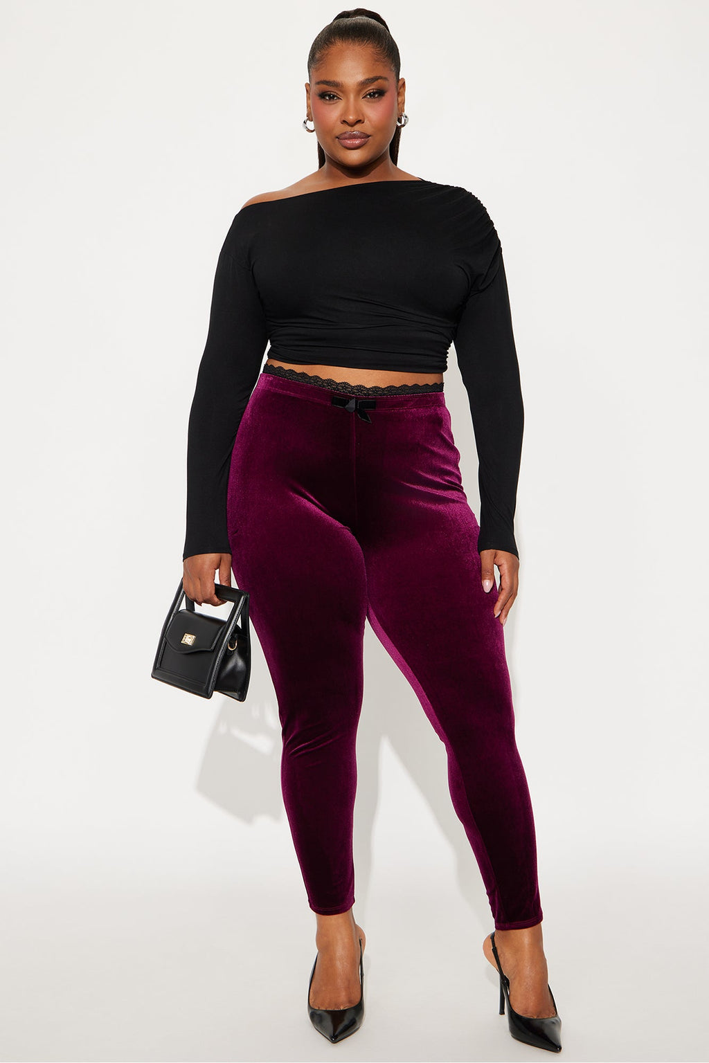 Valentina Solid Lace Trim Velvet Legging - Burgundy