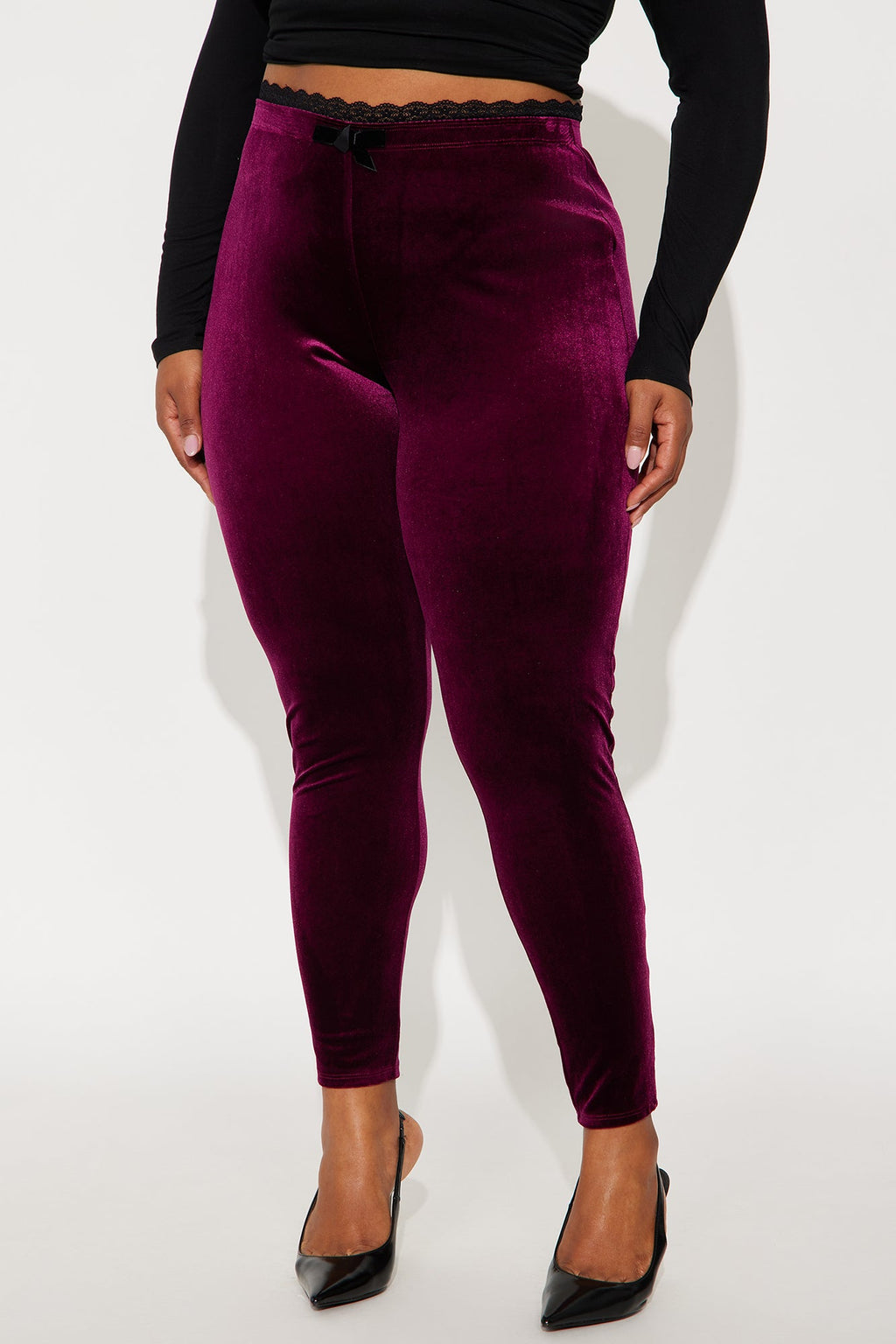 Valentina Solid Lace Trim Velvet Legging - Burgundy