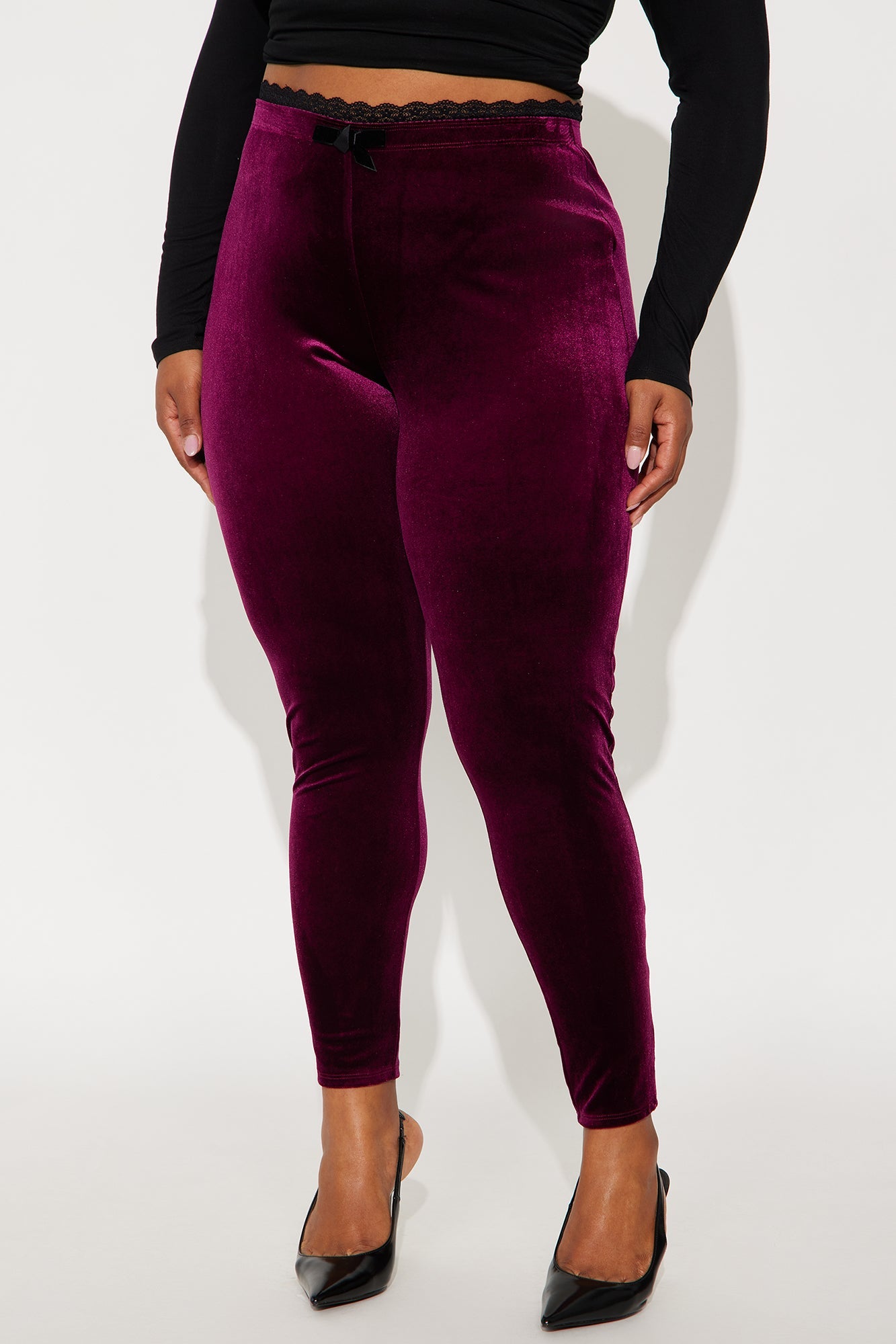Valentina Solid Lace Trim Velvet Legging - Burgundy