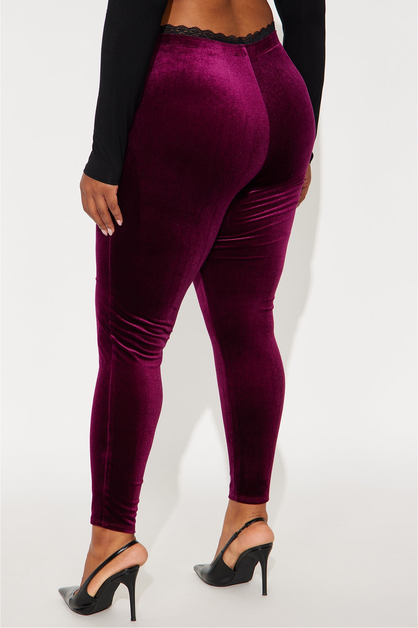 Valentina Solid Lace Trim Velvet Legging - Burgundy