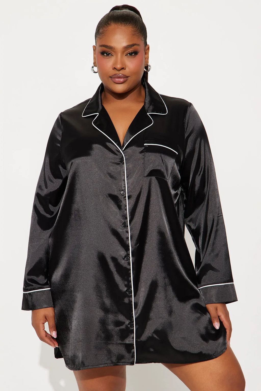 Bedtime Satin Long Sleeve PJ Sleep Shirt - Black 