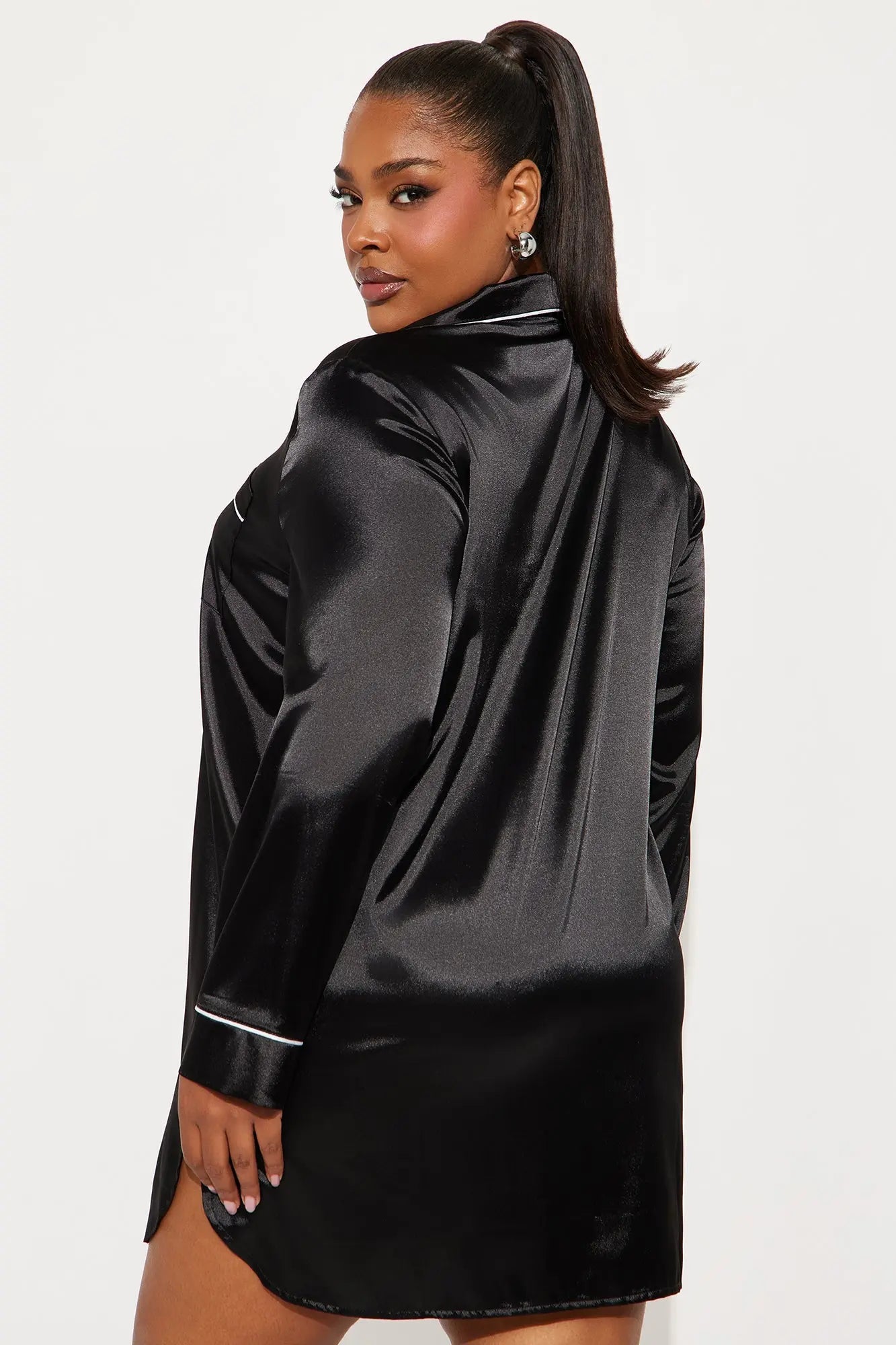 Bedtime Satin Long Sleeve PJ Sleep Shirt - Black 