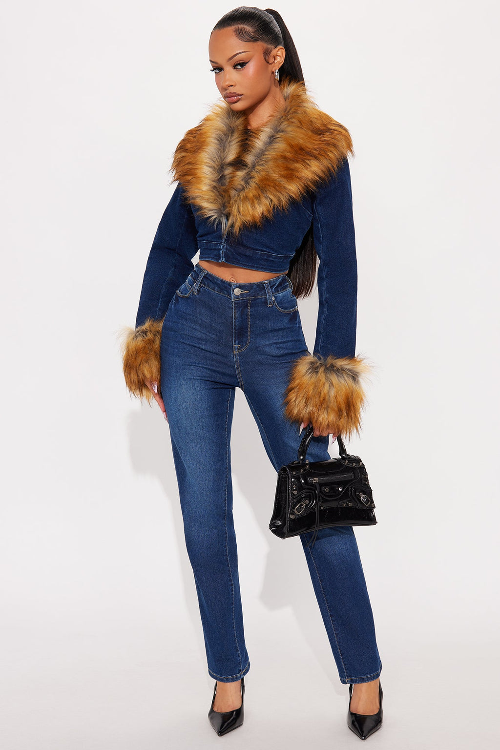 Mane Attraction Faux Fur Denim Pant Set - Dark Wash