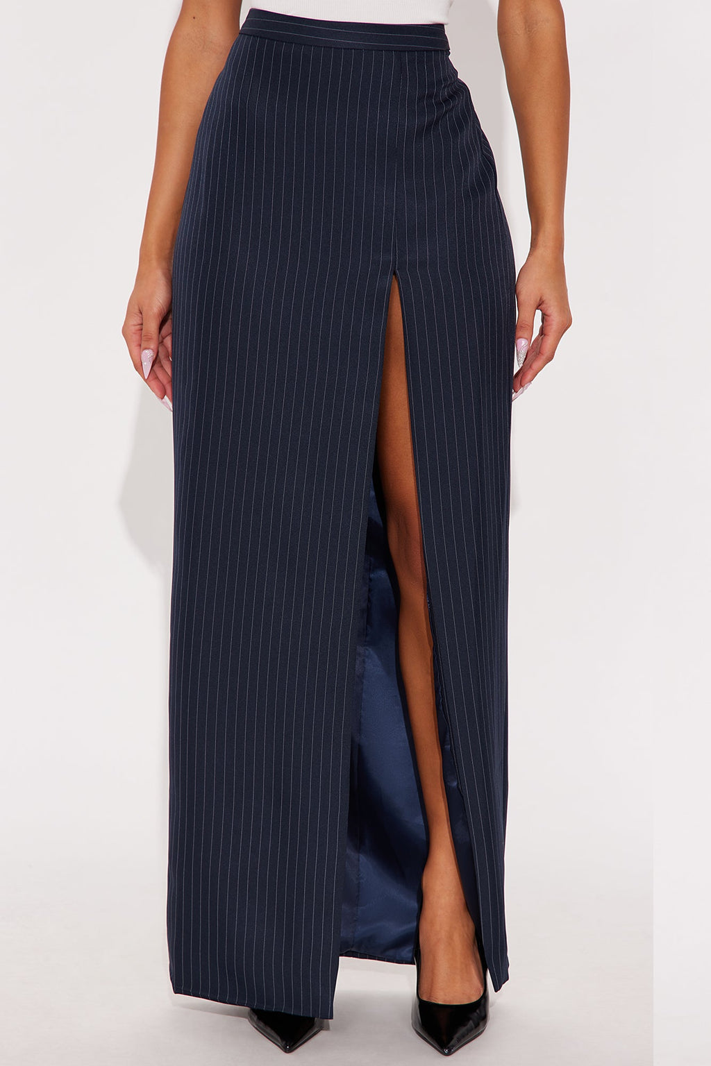 Briefcase Baddie Pinstripe Maxi Skirt - Navy/combo