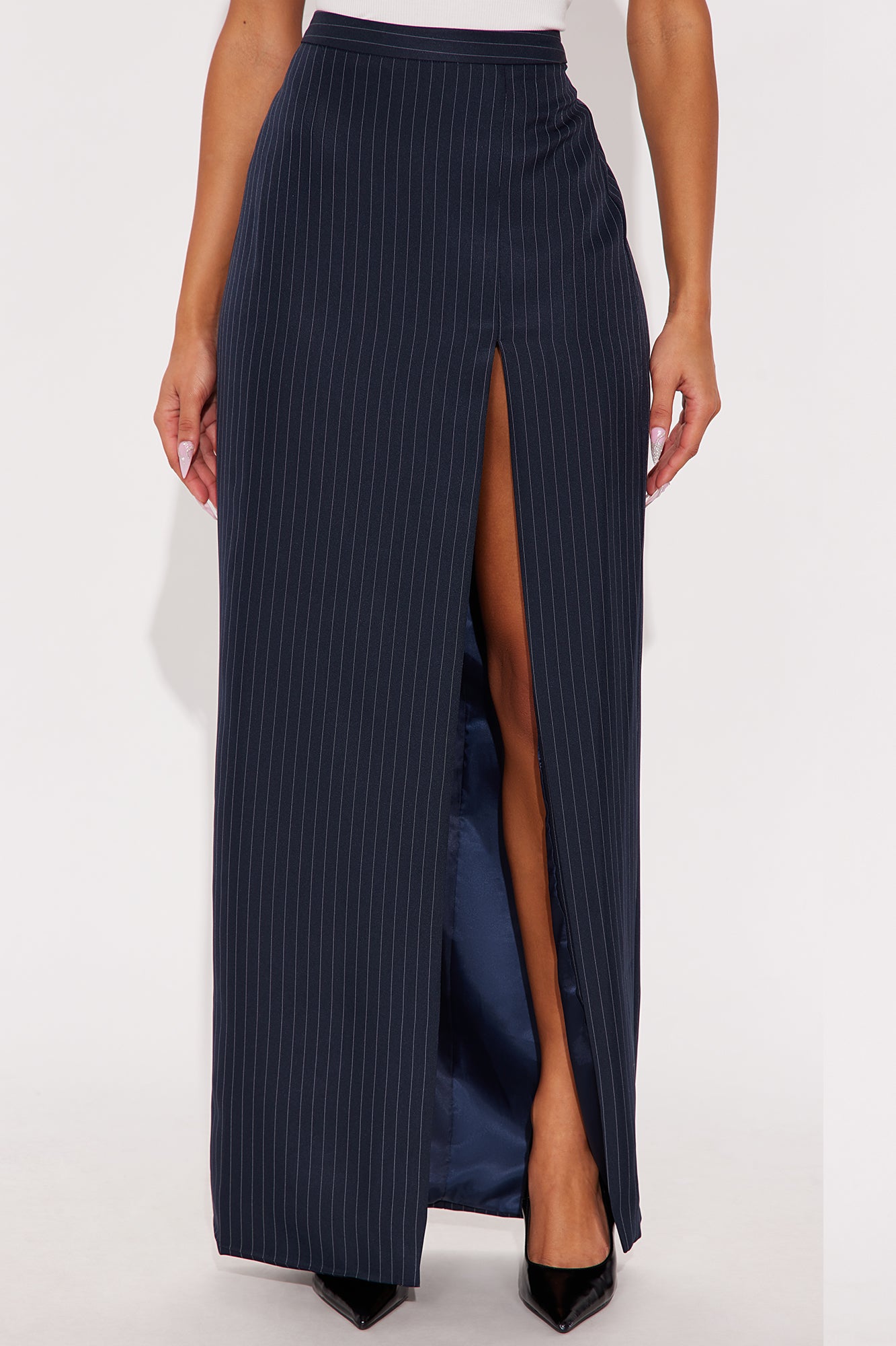 Briefcase Baddie Pinstripe Maxi Skirt - Navy/combo