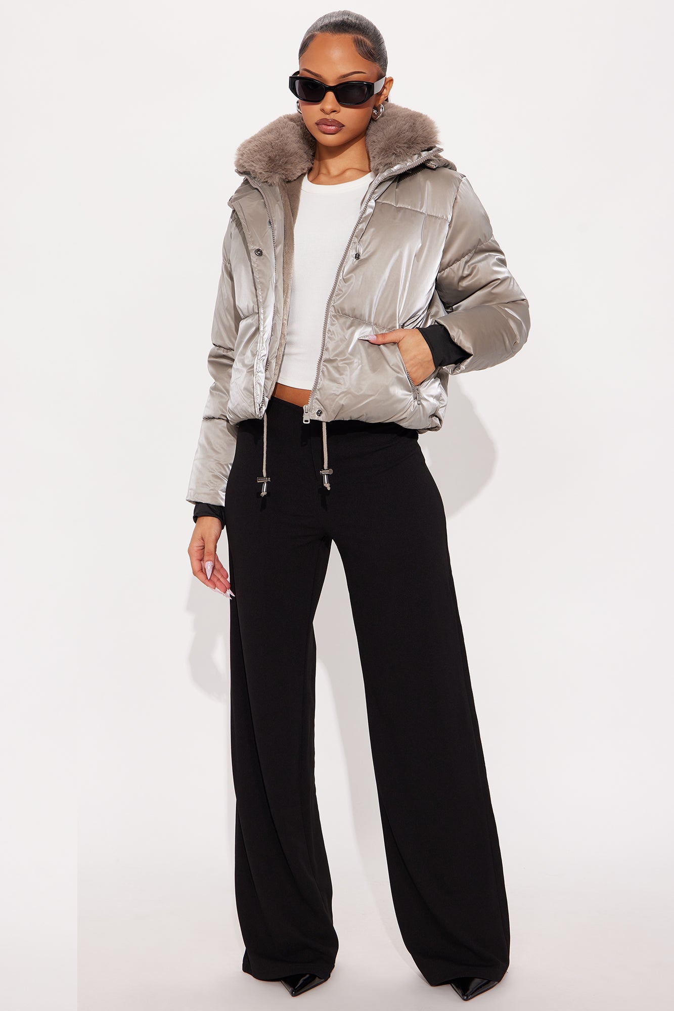 Snowed In Fur Trim Hooded Puffer Jacket - Taupe