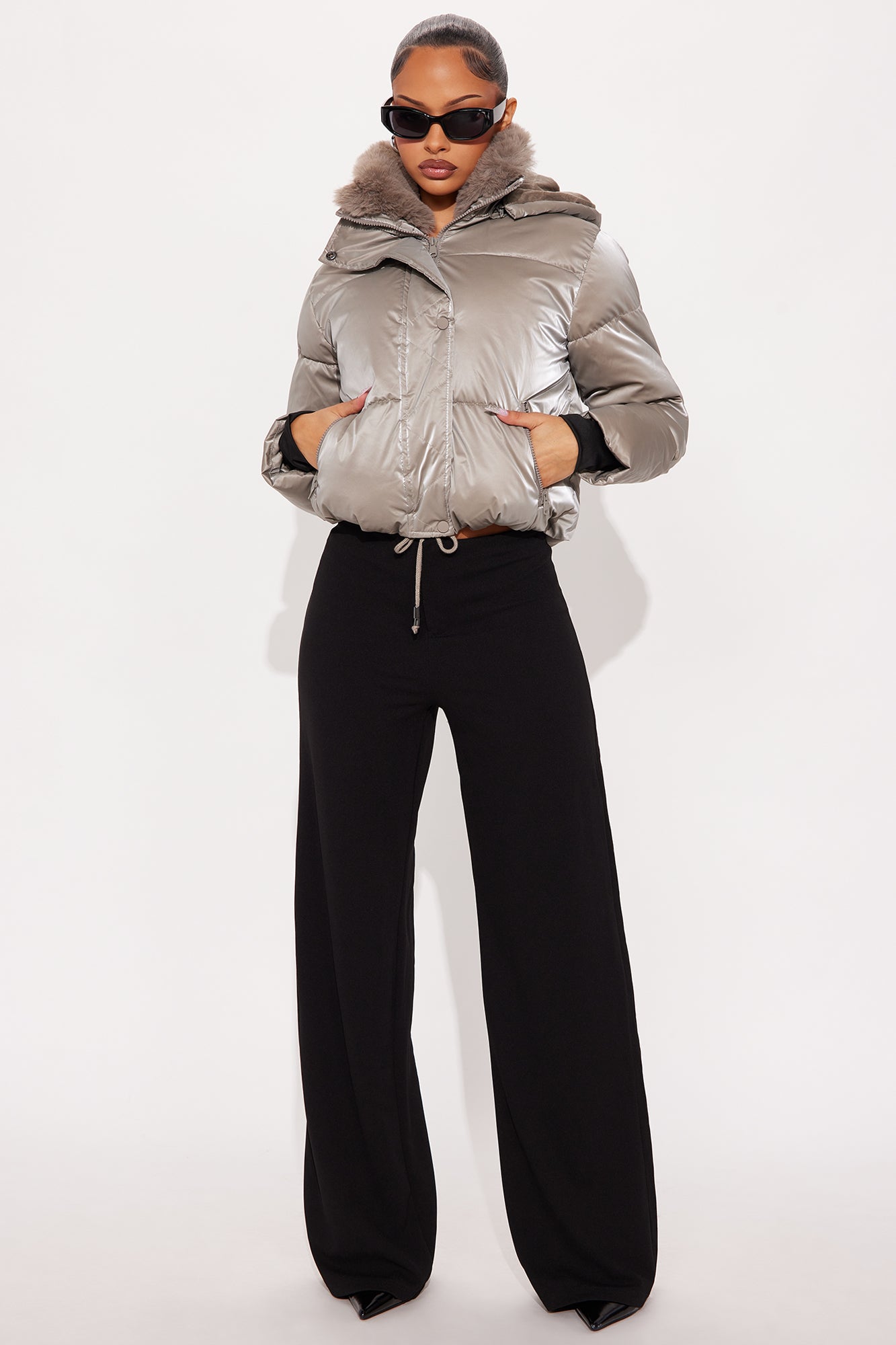 Snowed In Fur Trim Hooded Puffer Jacket - Taupe