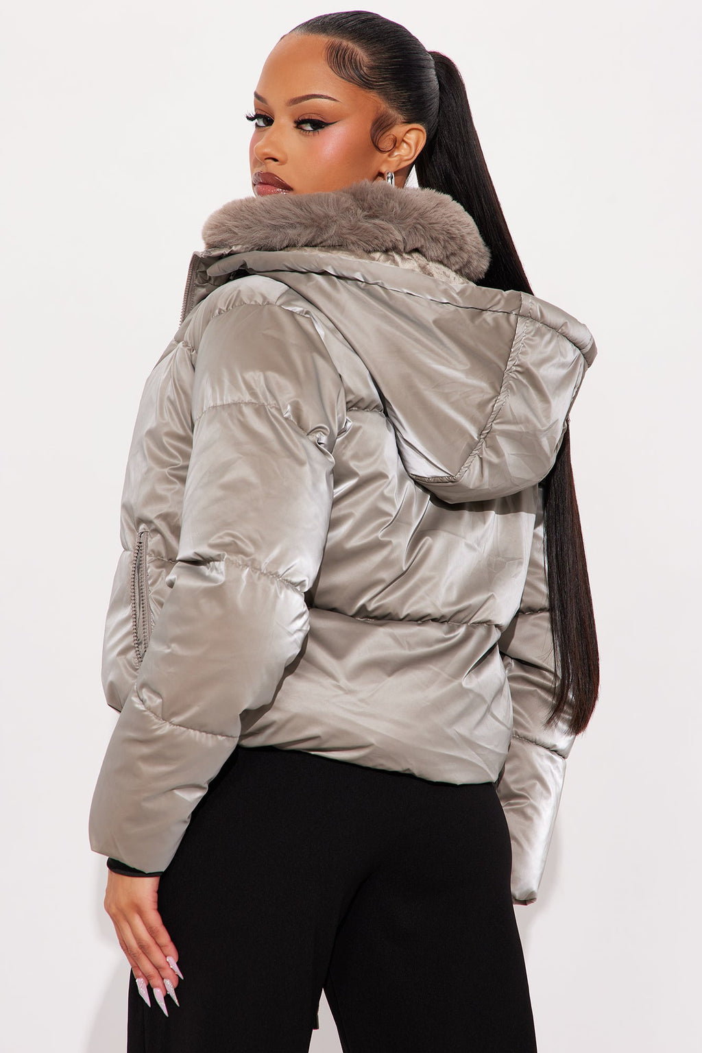 Snowed In Fur Trim Hooded Puffer Jacket - Taupe