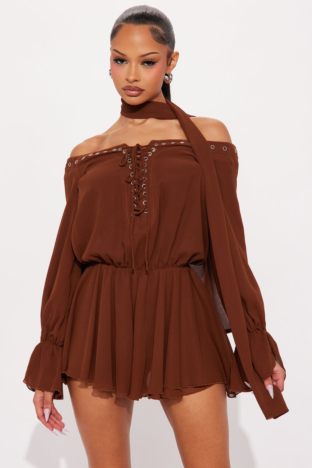 Feeling Flirty Lace Up 2 Piece Scarf Romper - Chocolate