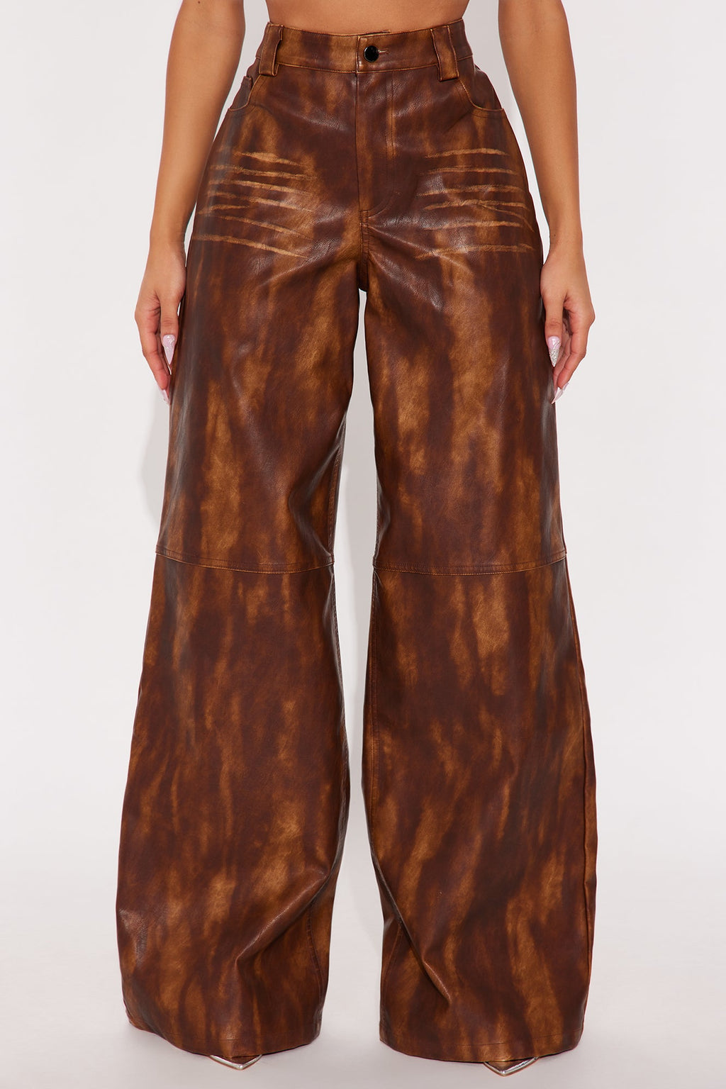 Adrienne Washed Faux Leather Wide Leg Pant 33 - Brown 