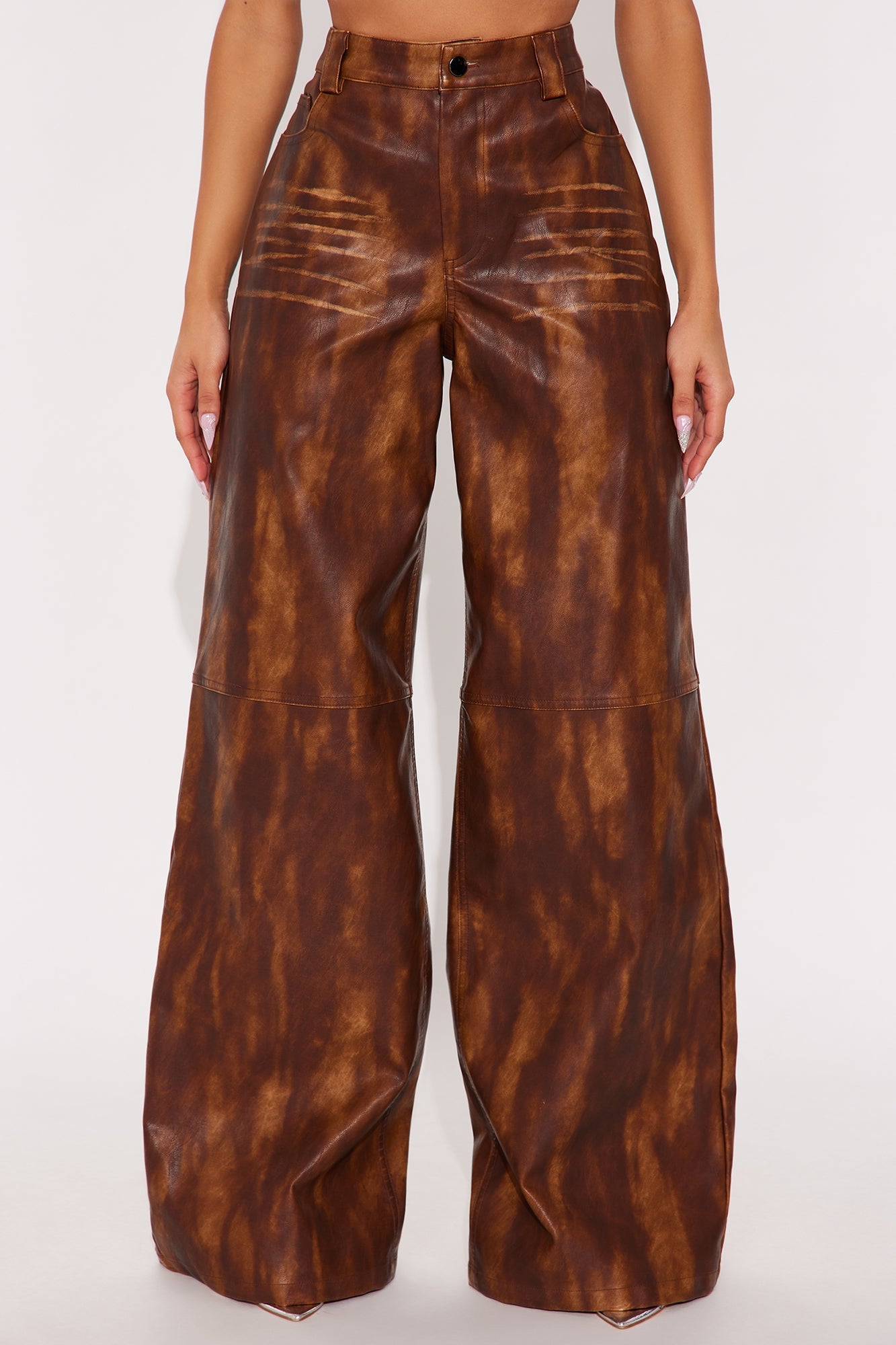Adrienne Washed Faux Leather Wide Leg Pant 33 - Brown 