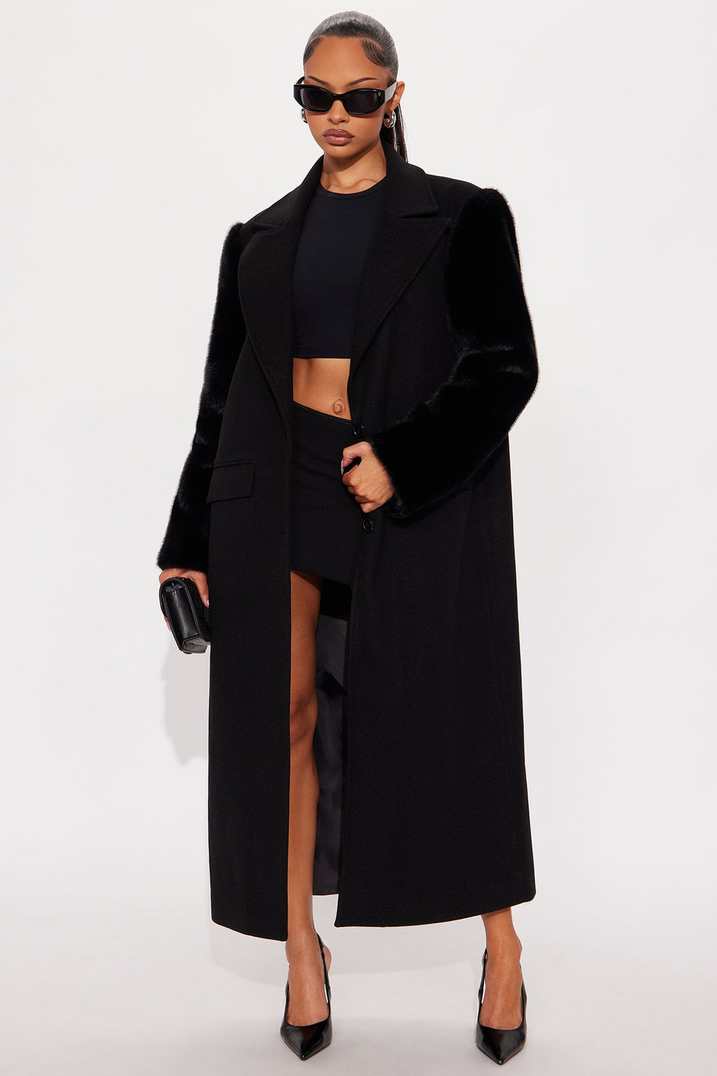High Society Fur Sleeve Coat - Black