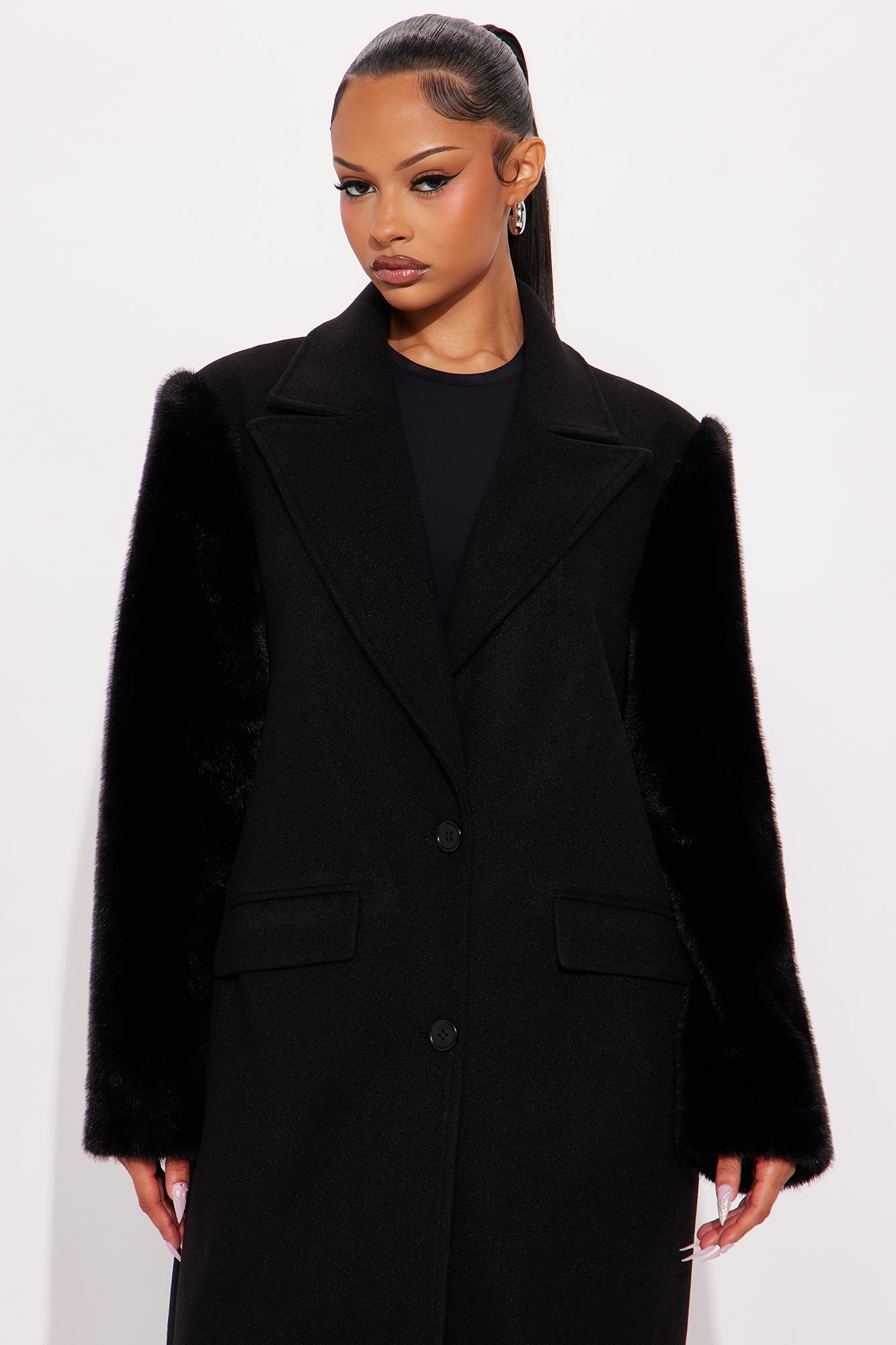High Society Fur Sleeve Coat - Black