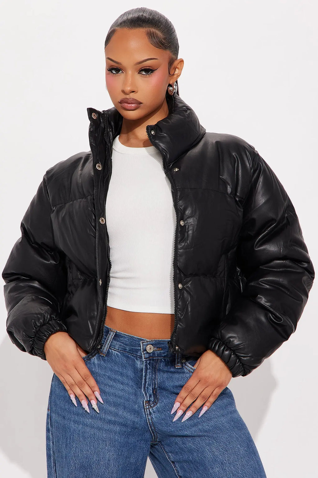 Big Dreams Faux Leather Puffer Jacket - Black 